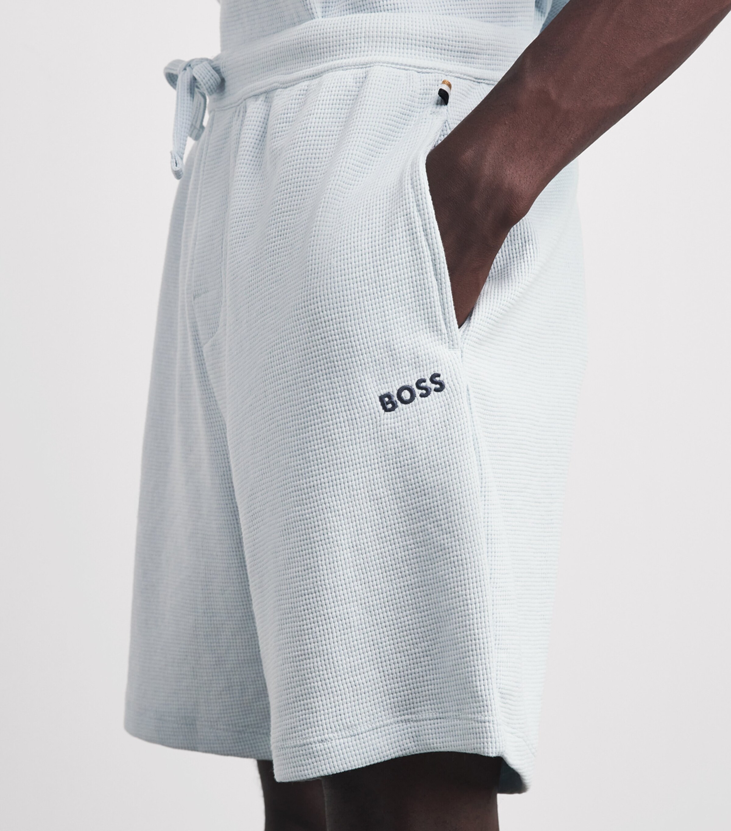 BOSS Mens Waffle-Knit Logo Shorts Open Blue Image 3