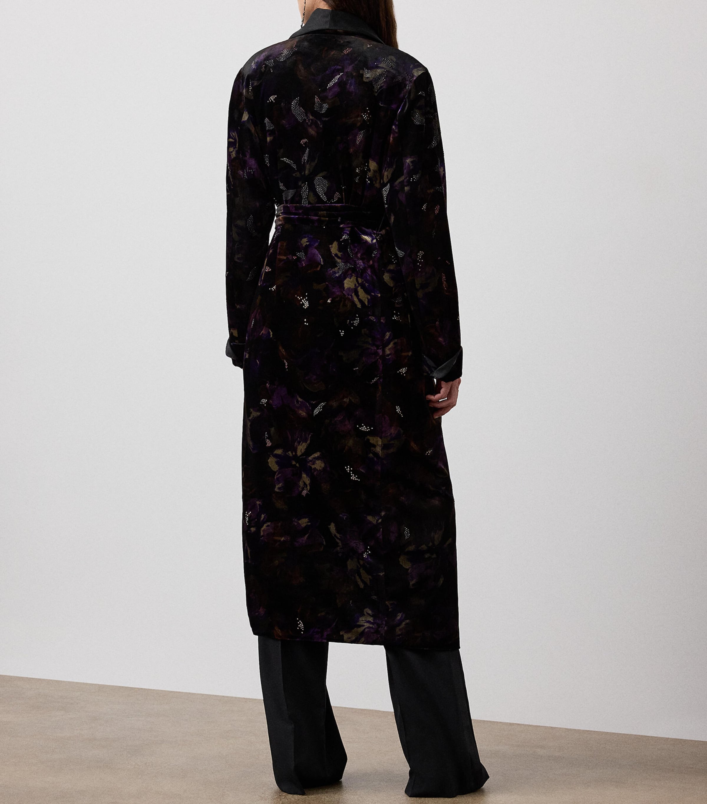 Velvet Embellished Floral Wrap Coat BLACK/AUBERGINE Image 3