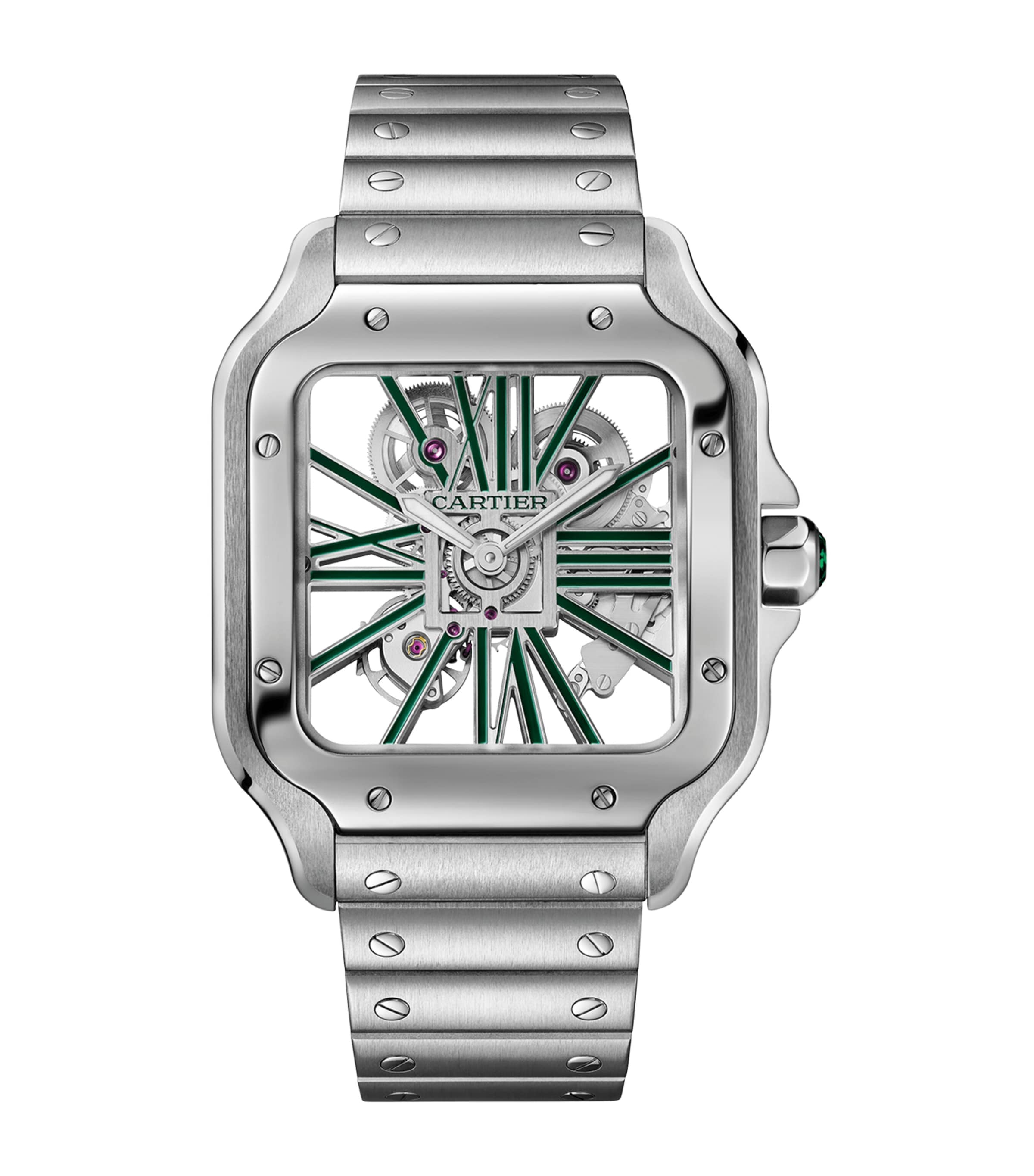 Cartier Large Steel Santos de Cartier Skeleton Watch 39.8mm Green Image 1