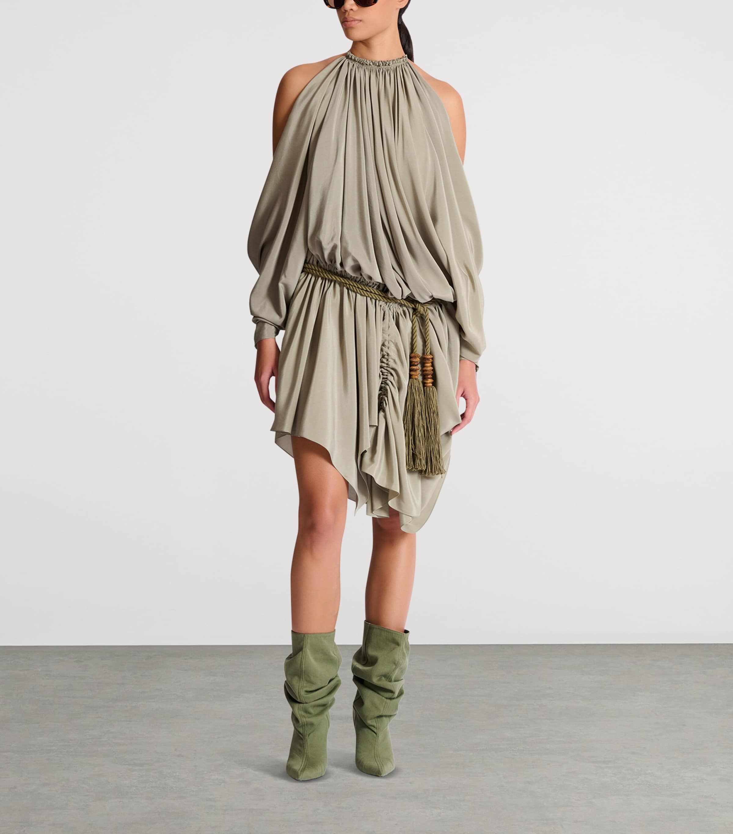 Balmain Womens Silk Crepe Draped Mini Dress Vert Laurier Image 7