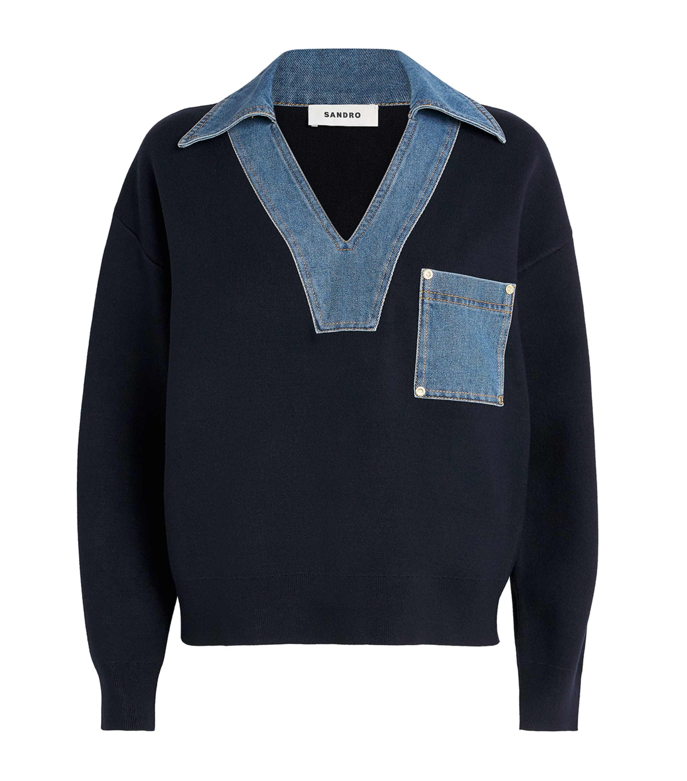 Sandro Womens Navy Blue Denim-detail Relaxed-fit Knitted Jumper In Blue