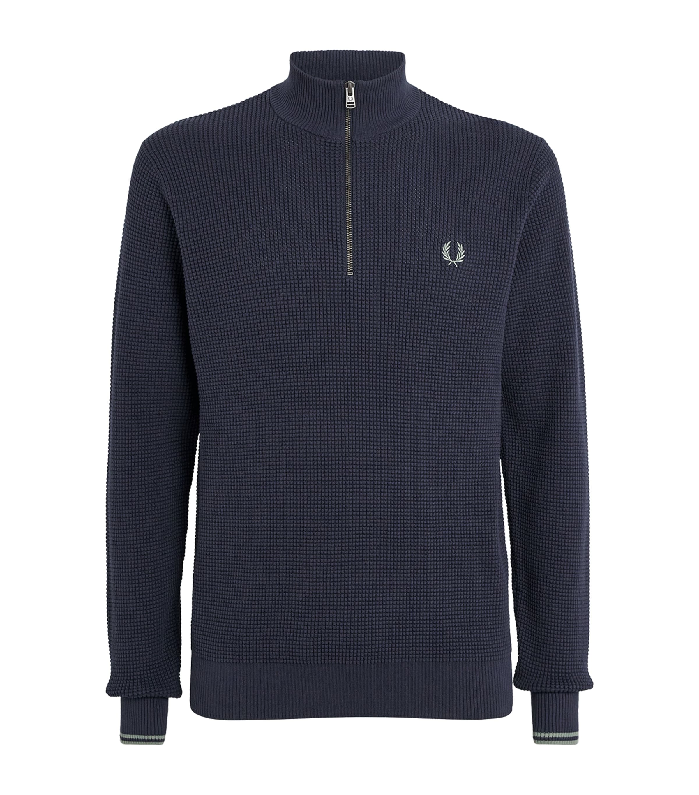 Fred Perry Cotton Waffle Stitch Quarter-zip Sweater In Blue