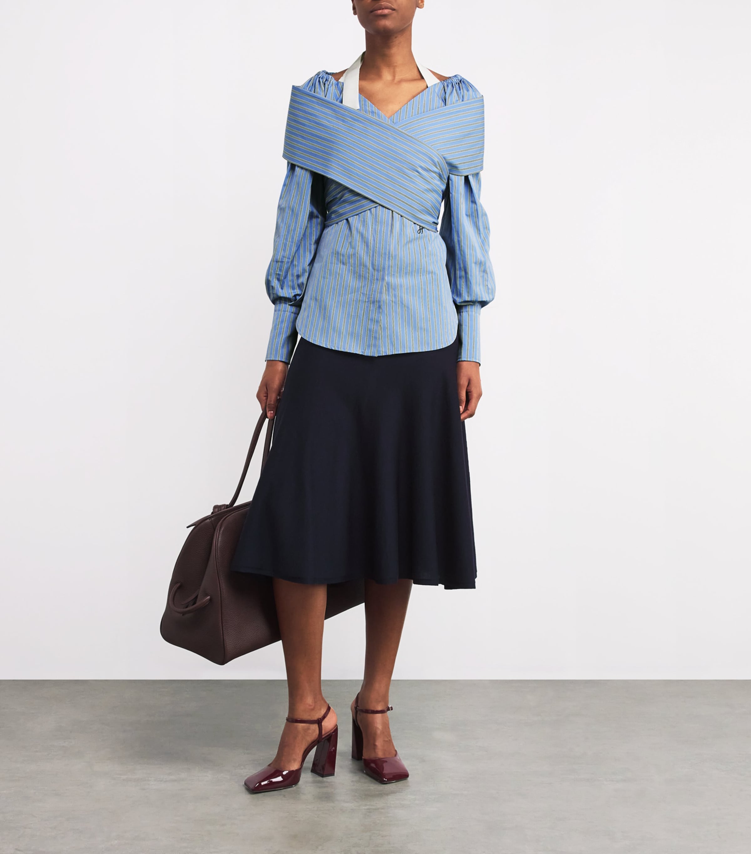 Patou Womens Cotton Striped Draped Blouse Heritage Blue Image 2