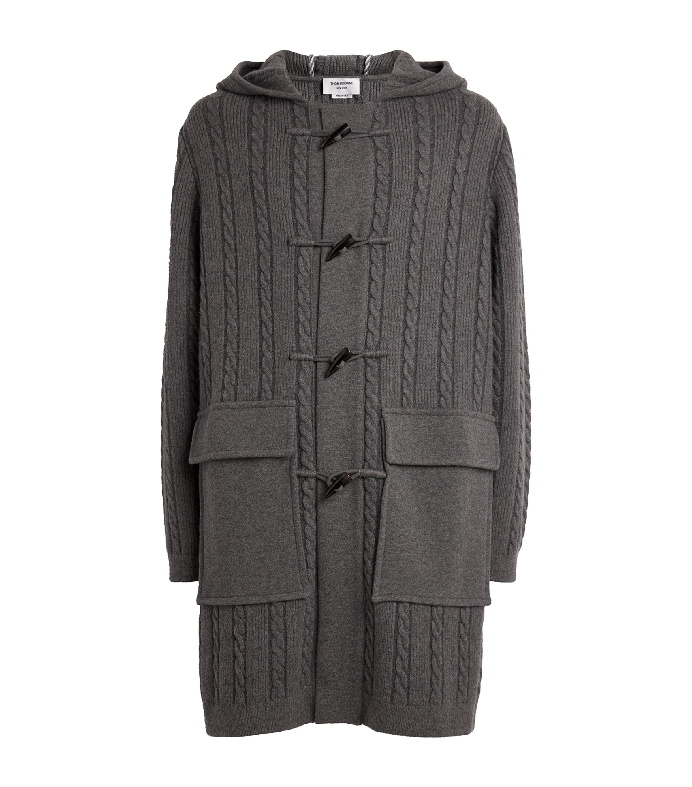 THOM BROWNE WOOL-BLEND CABLE-KNIT DUFFLE COAT