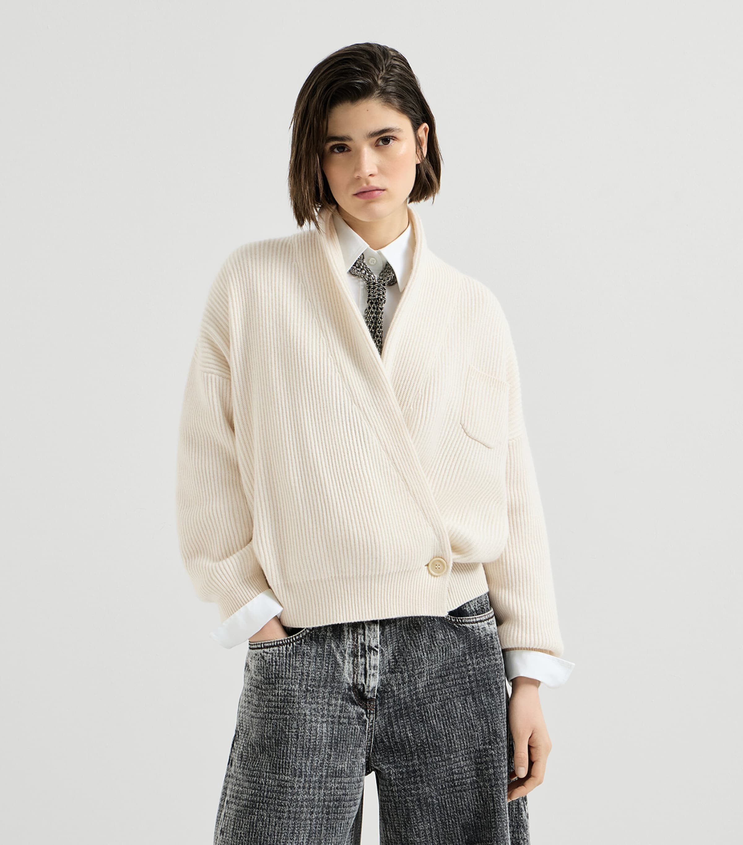 Brunello Cucinelli Womens Cashmere English Rib Asymmetric Cardigan English White Image 4