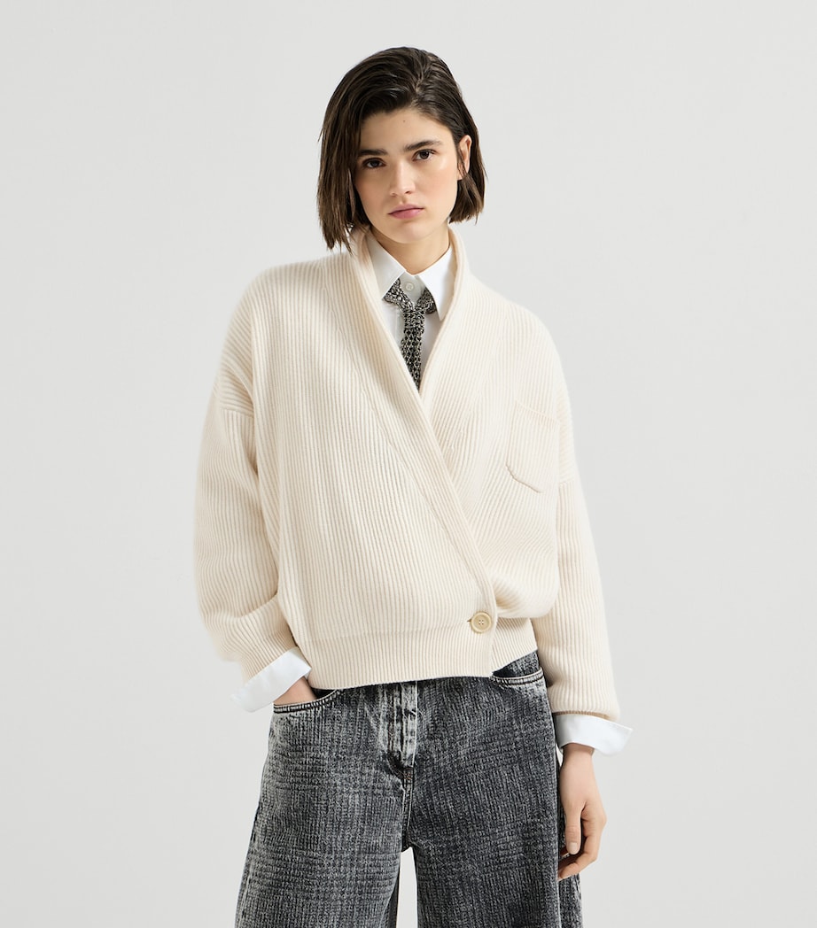 Brunello Cucinelli Womens Cashmere English Rib Asymmetric Cardigan English White Image 4
