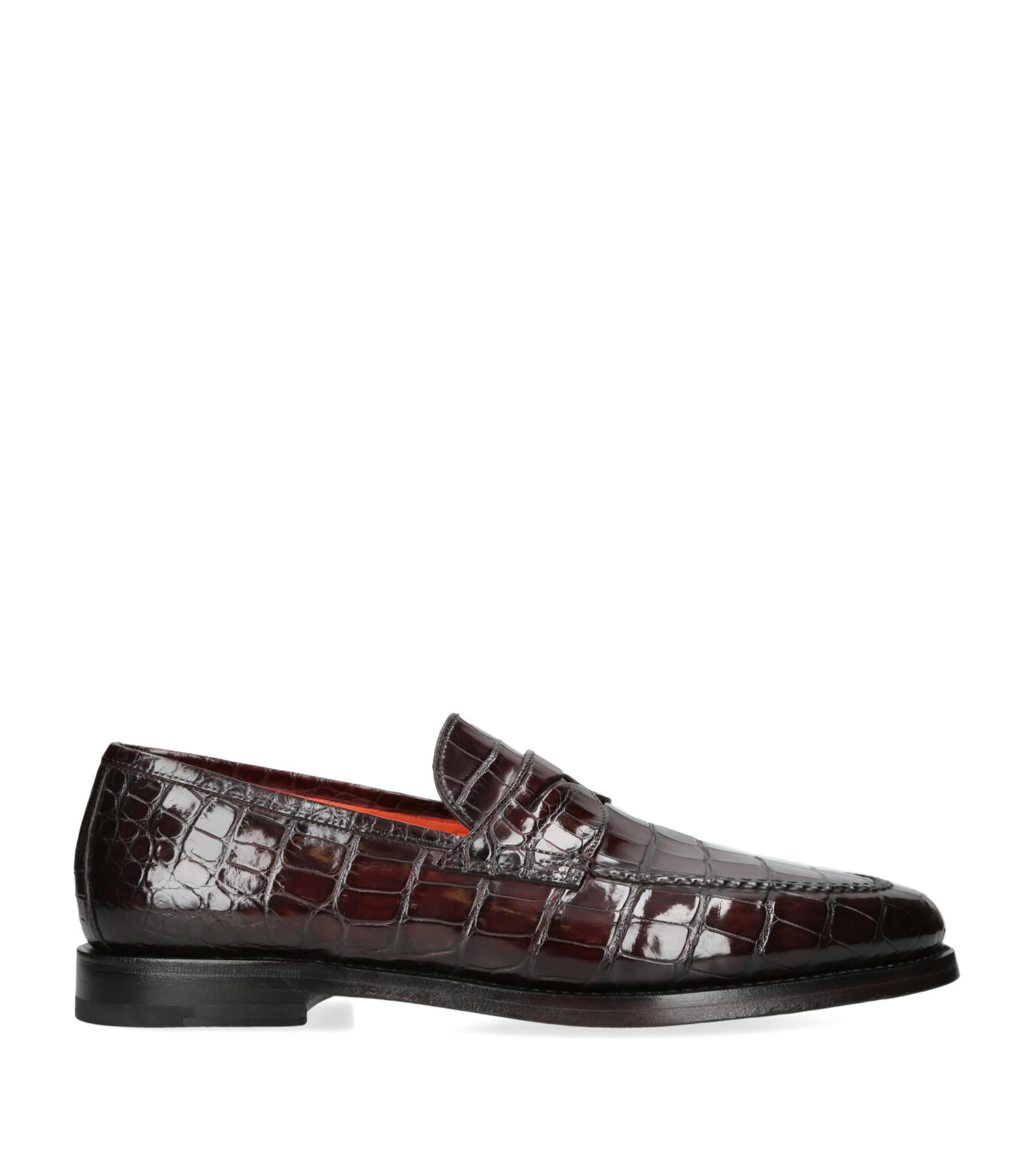 Santoni Crocodile Leather Carlos Penny Loafers In Burgundy