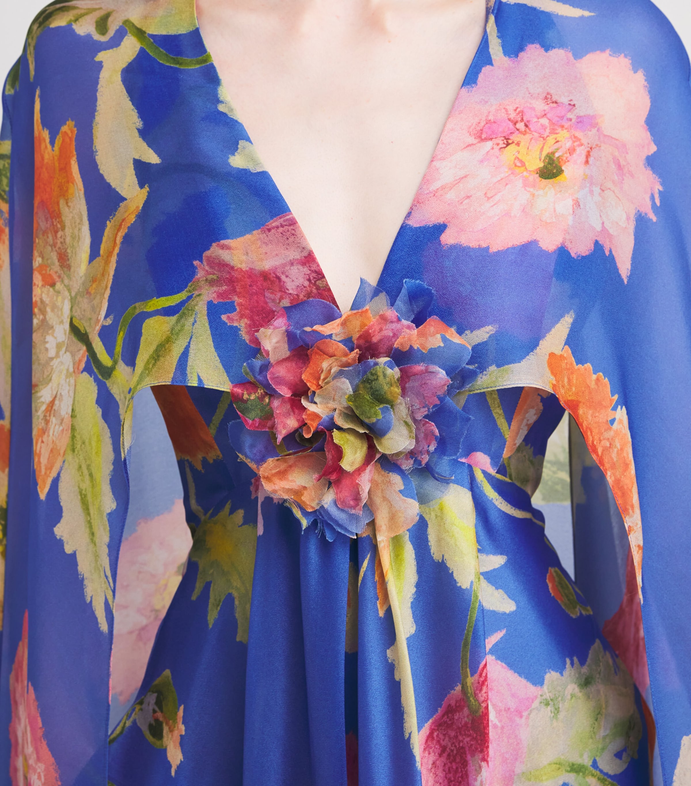 Carolina Herrera Womens Silk Organza Floral Cape Gown Bluebell Multi Image 4
