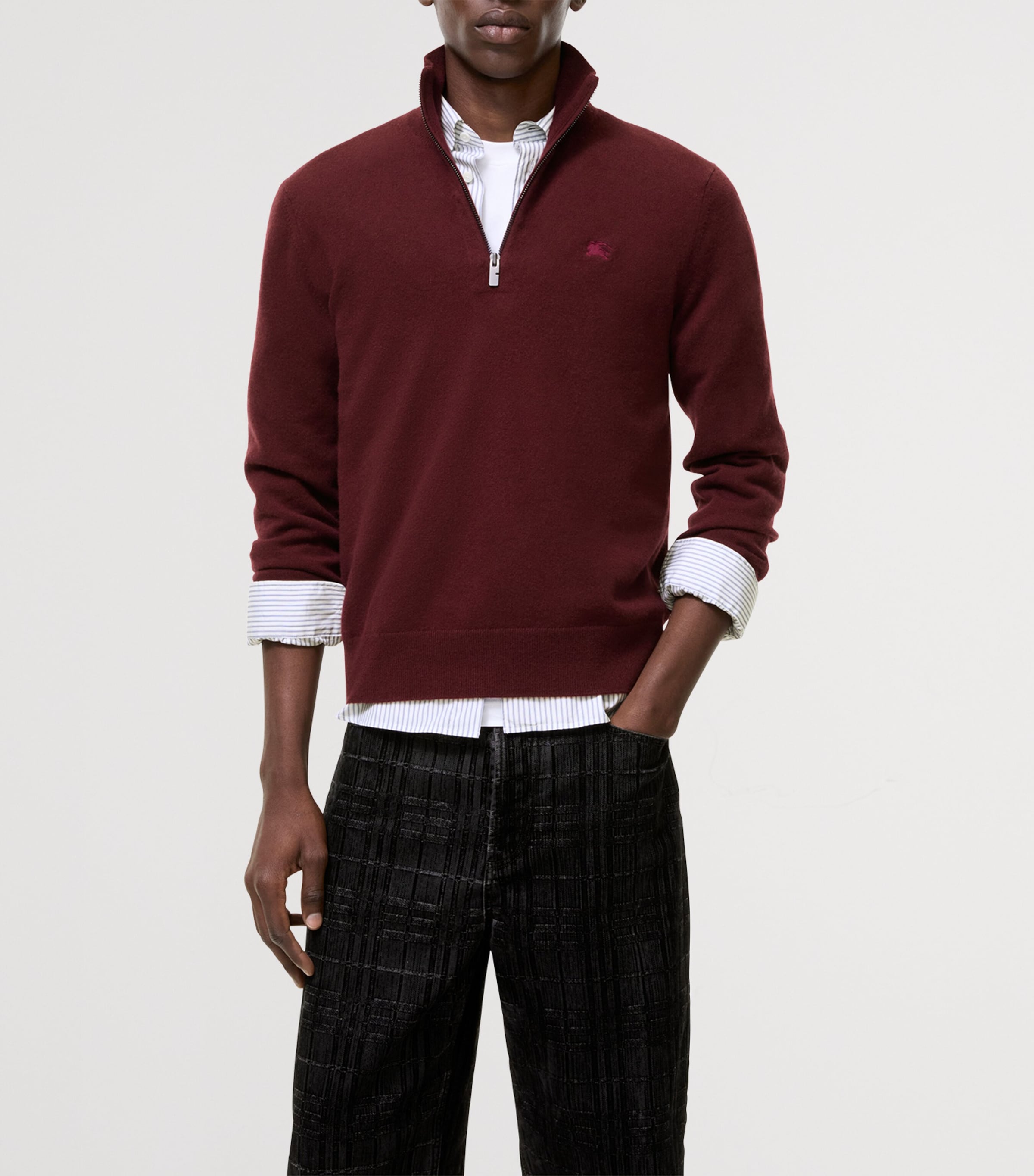 Burberry Mens Cashmere-Blend Quarter-Zip Slim Sweater Oxblood Red Image 2