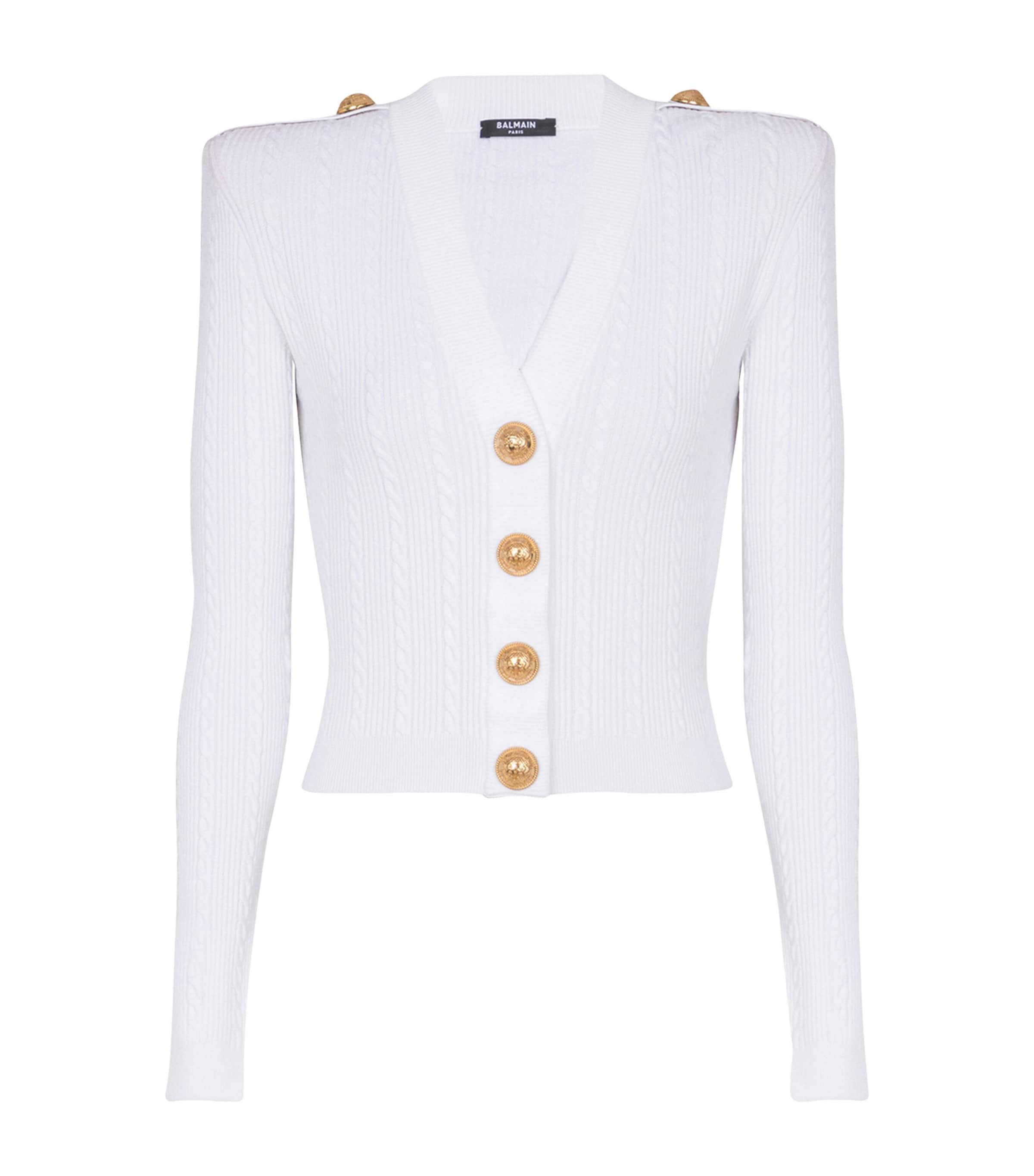 BALMAIN BUTTON-TRIM CABLE-KNIT CARDIGAN