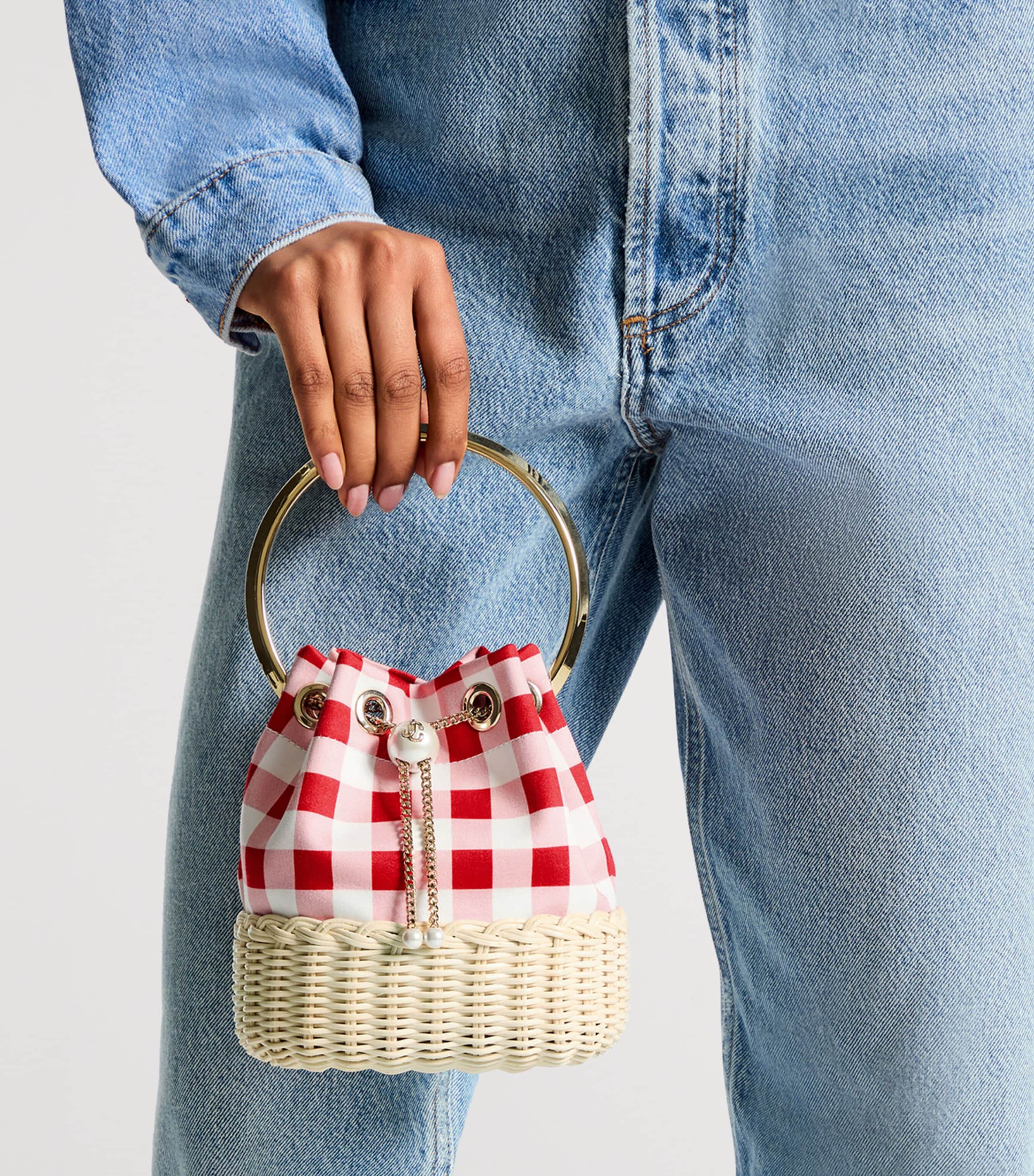 Jimmy Choo Bon Bon Canvas and Raffia Top-Handle Bag Ruby Red Mix/natural Image 2