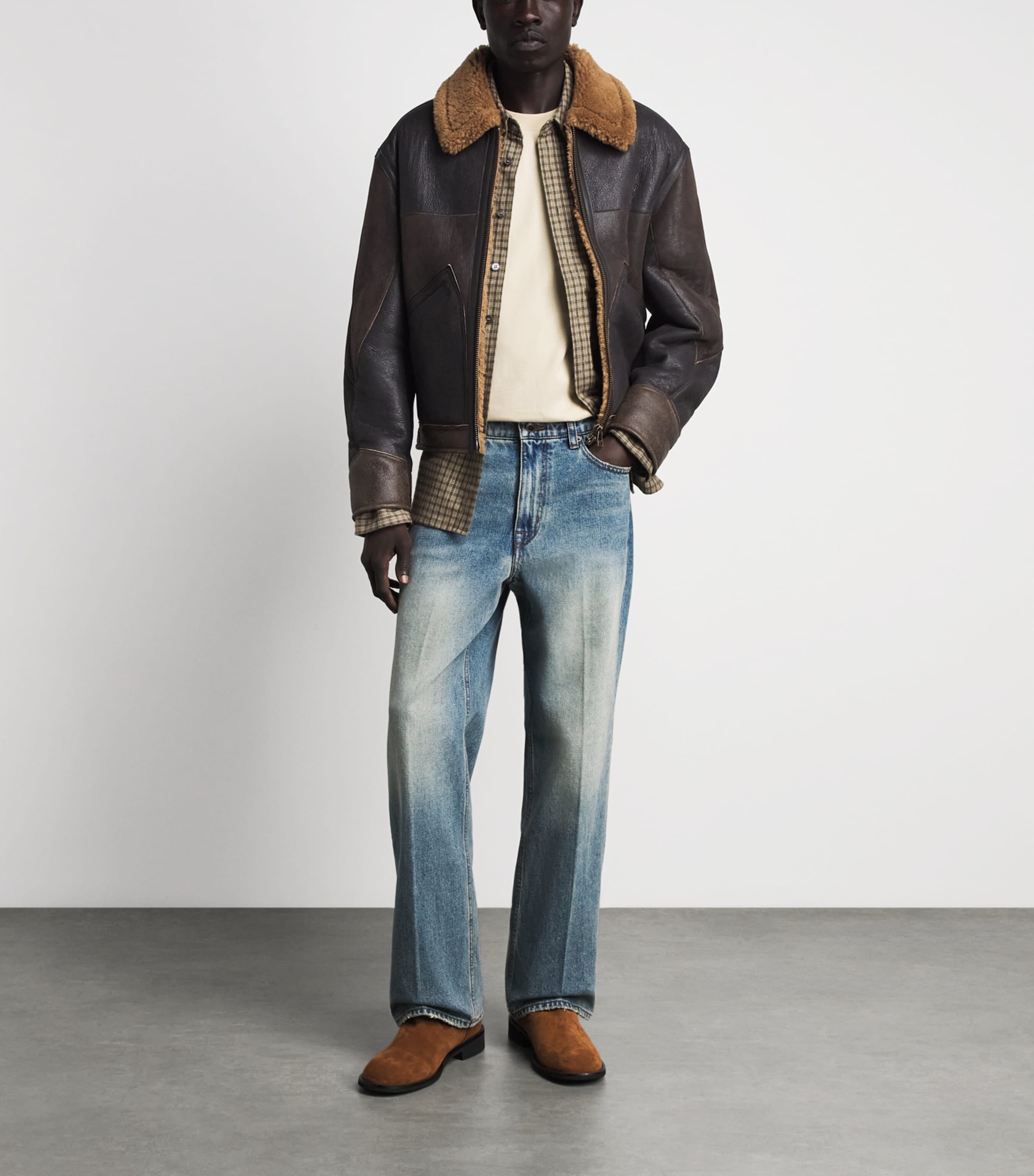 Coor Mens Shearling-Lined Leather Jacket Multi Brown Image 3