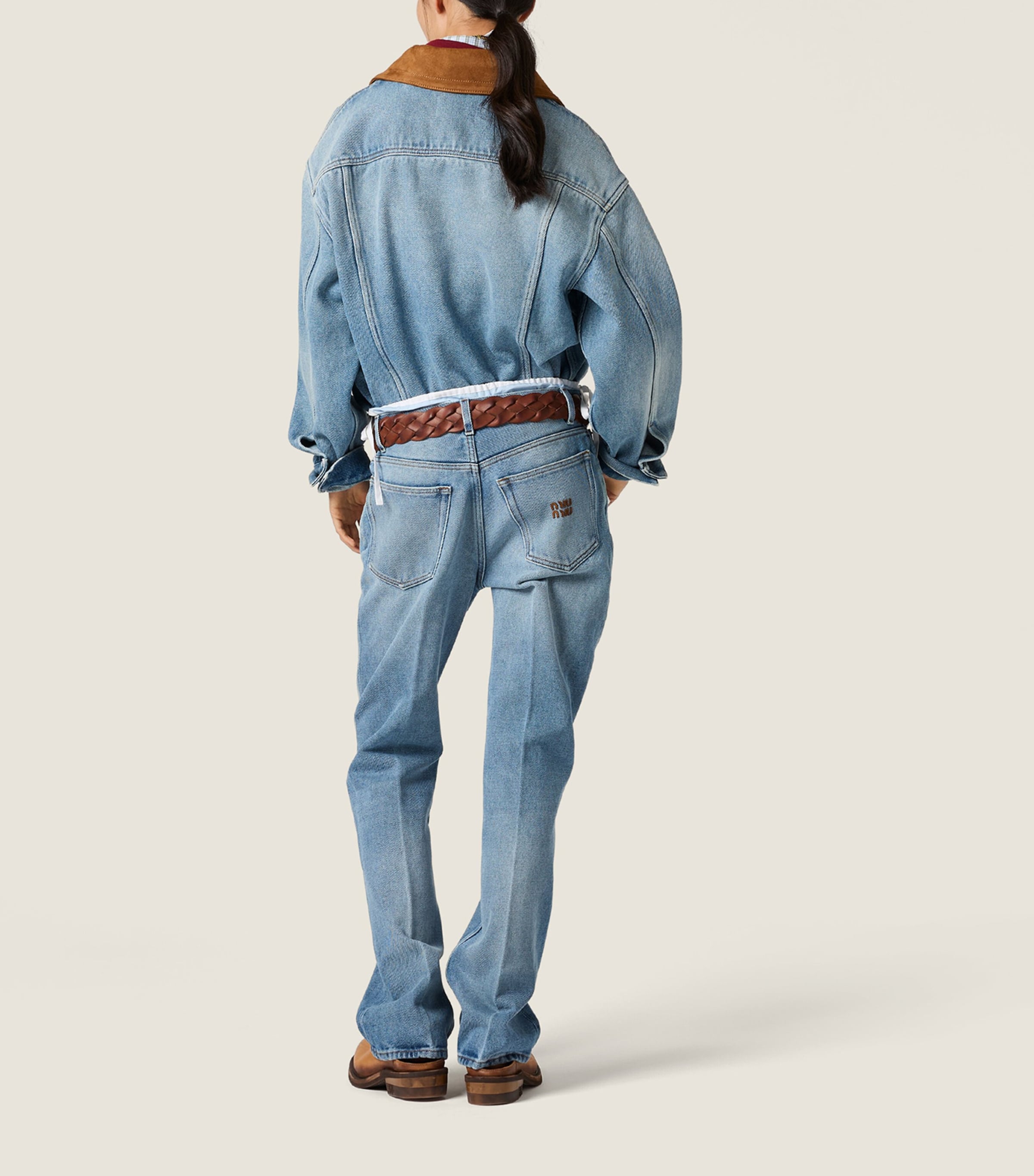 Miu Miu Womens Denim and Suede Jacket Light Blue Image 3
