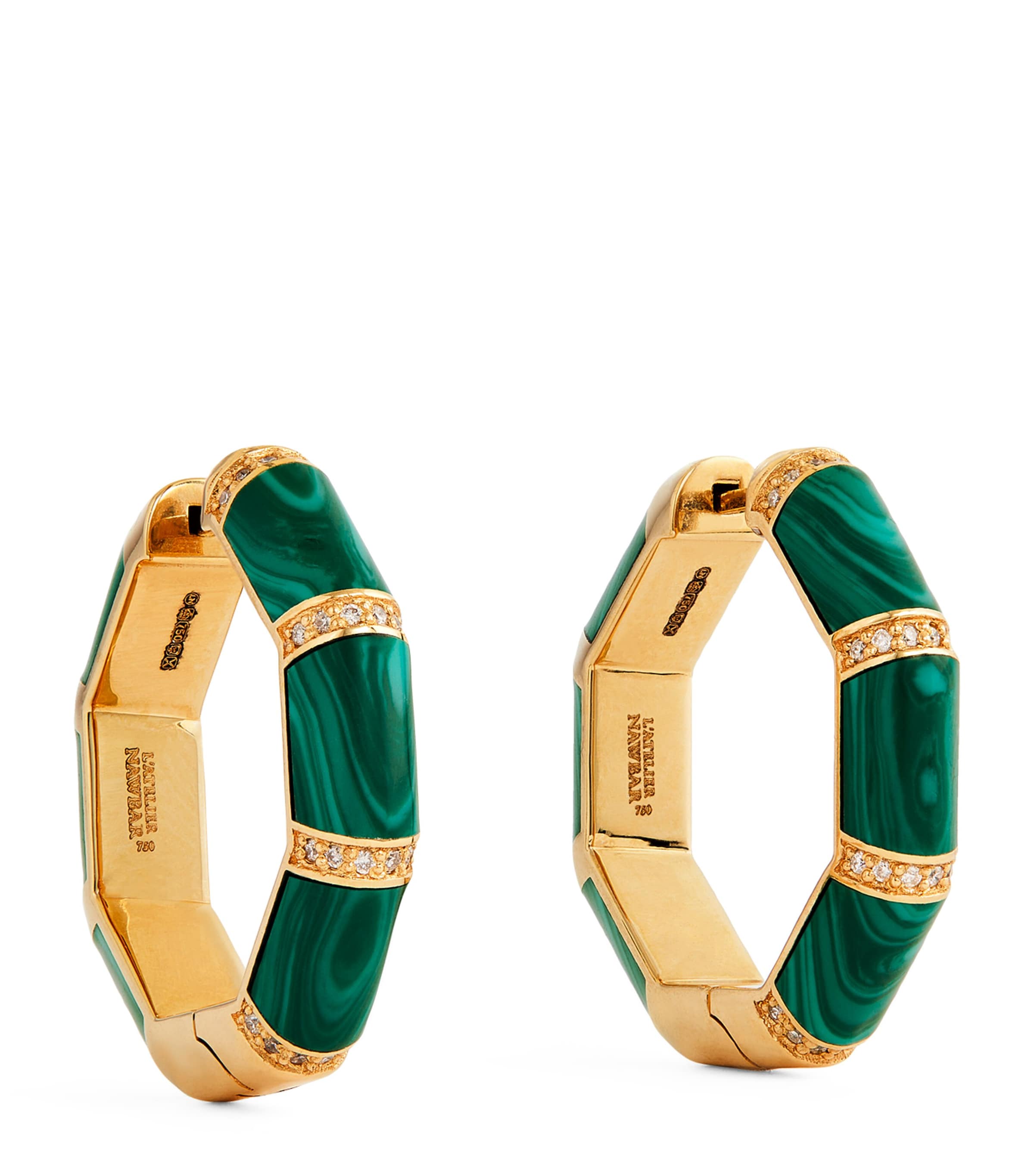 Yellow Gold, Diamond and Malachite Amulet of Light Hoop Earrings GREEN Image 1