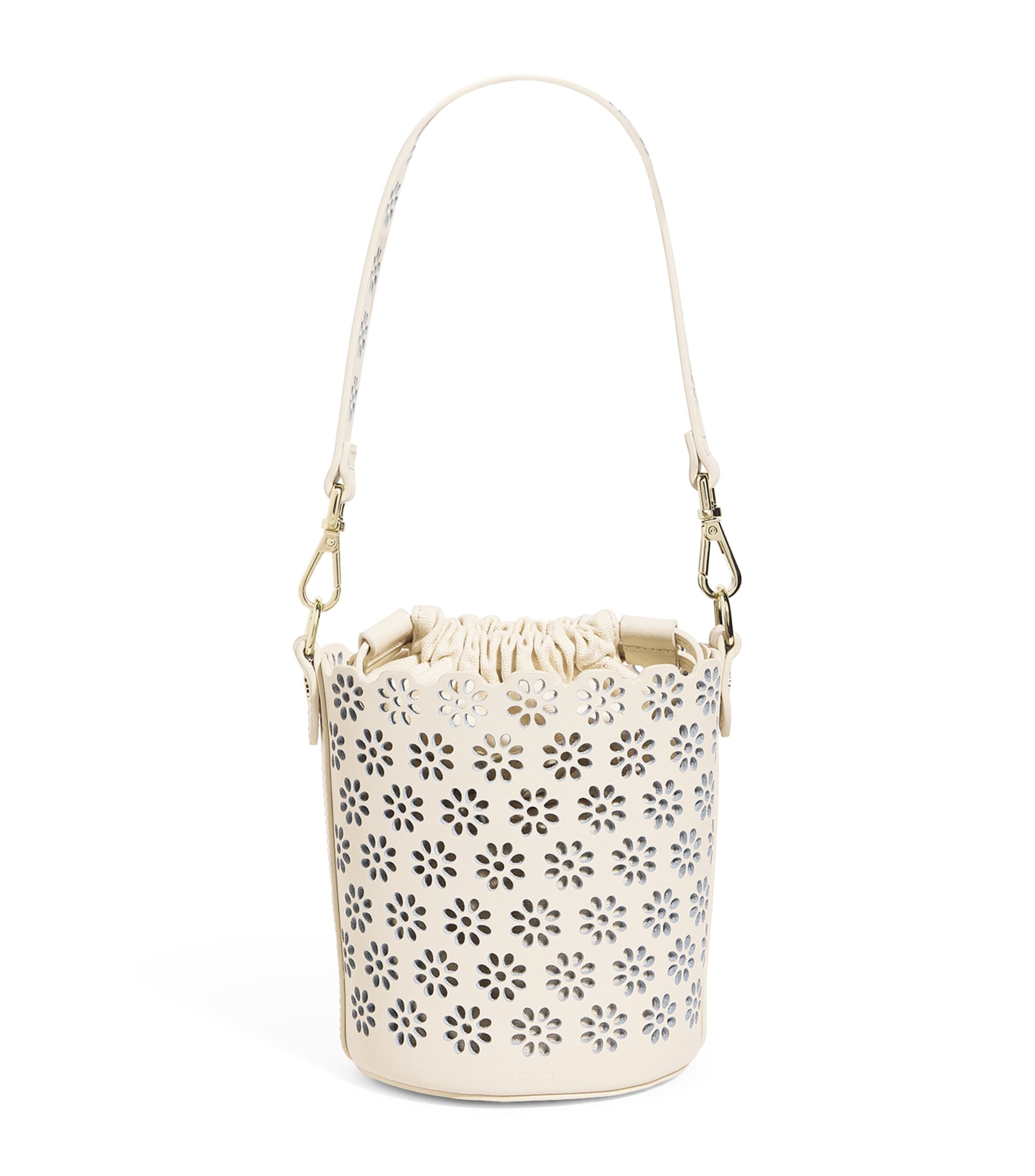 Leather Perforated Drawstring Bucket Bag ECRU Image 1