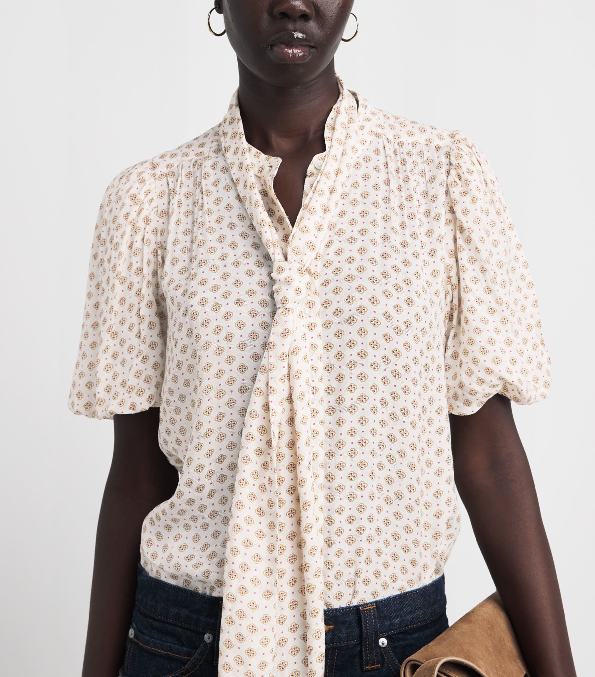 ME+EM Womens Silk-Cotton Printed Blouse Light Cream Multi Image 3