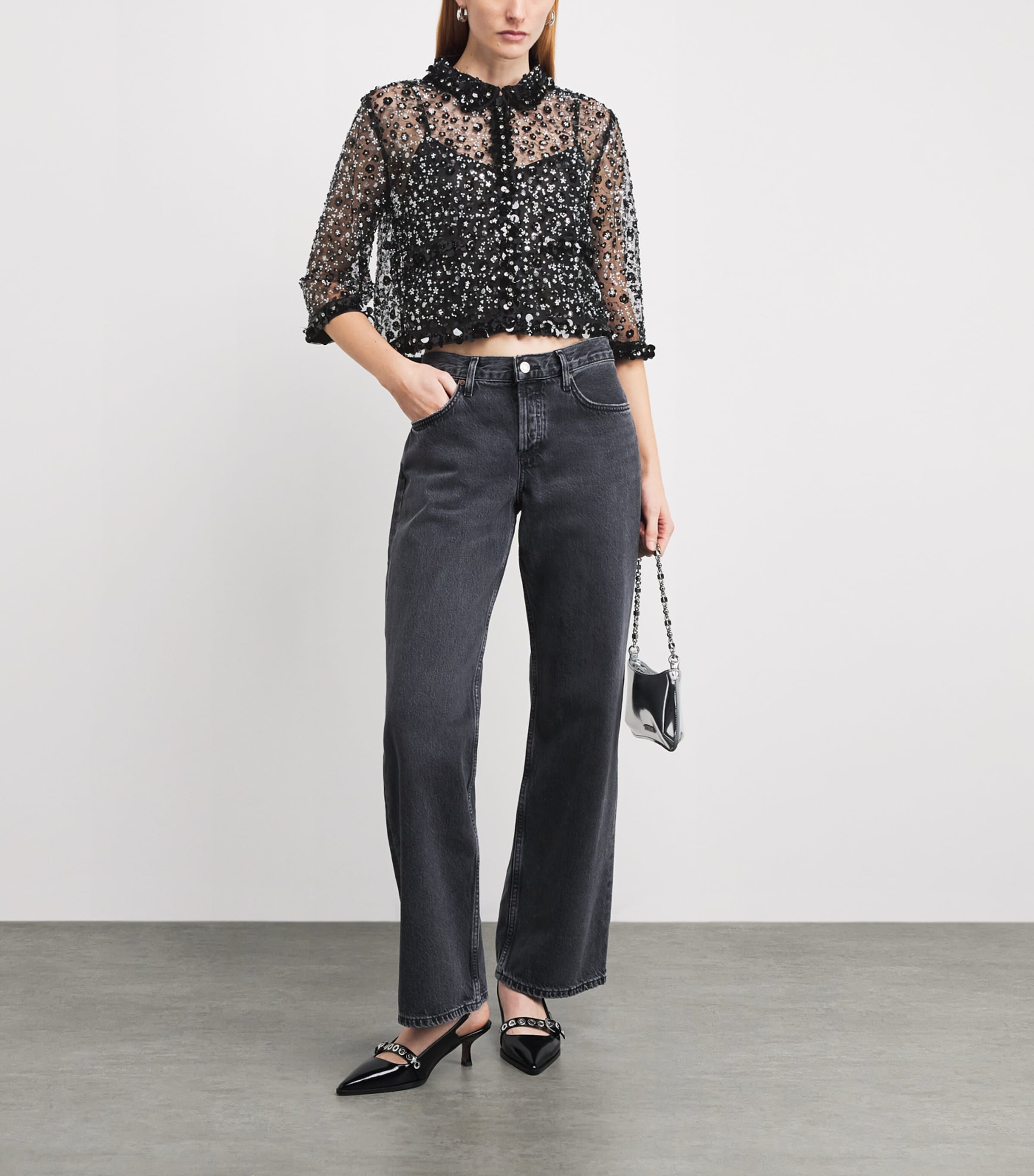 Sheer Rhinestone Polo Top BLACK Image 2