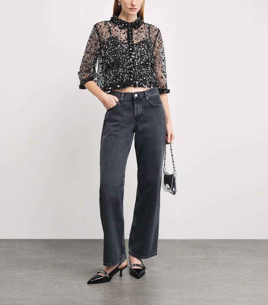 Sheer Rhinestone Polo Top BLACK Image 2