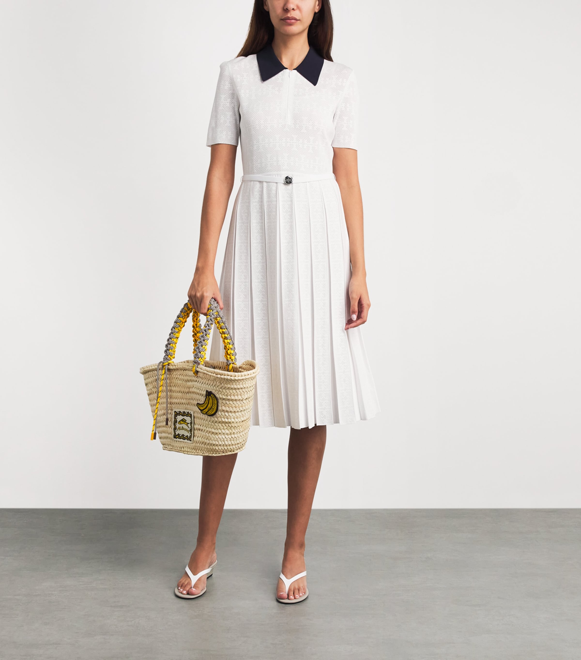Tory Burch Womens Pointelle-Knit Midi Dress White / Navy Image 2