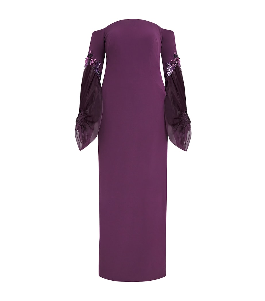 Pamella Roland Womens Crepe Embellished Puff-Sleeve Gown Merlot Image 1