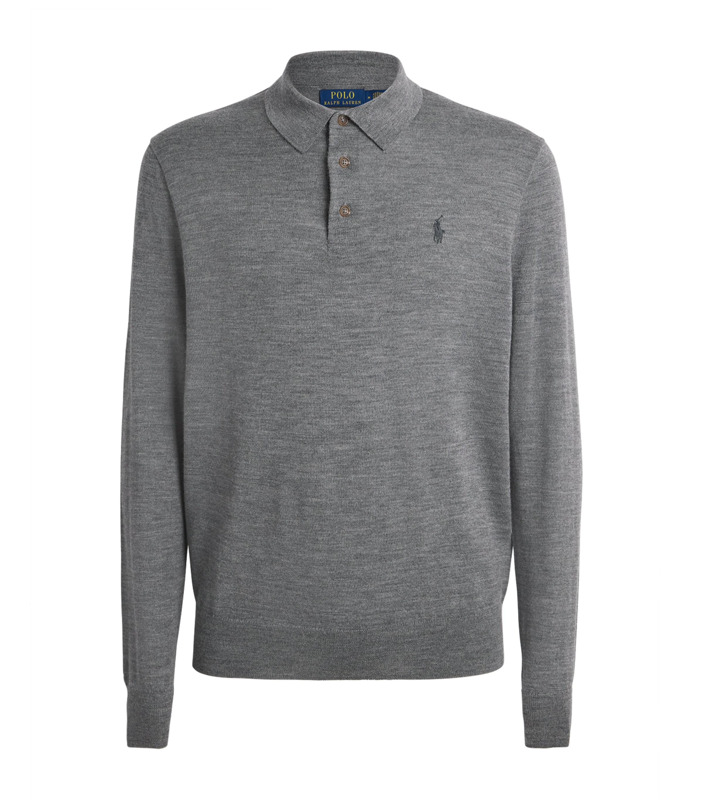 Polo Ralph Lauren Mens Merino Wool Polo Pony Long-Sleeve Polo Shirt Fawn Grey Heather Image 1