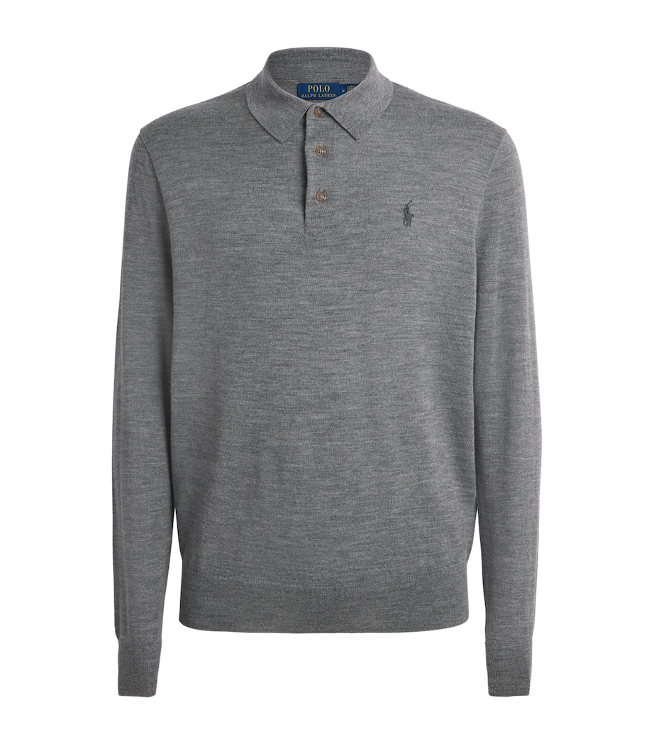 Polo Ralph Lauren Mens Merino Wool Polo Pony Long-Sleeve Polo Shirt Fawn Grey Heather Image 1