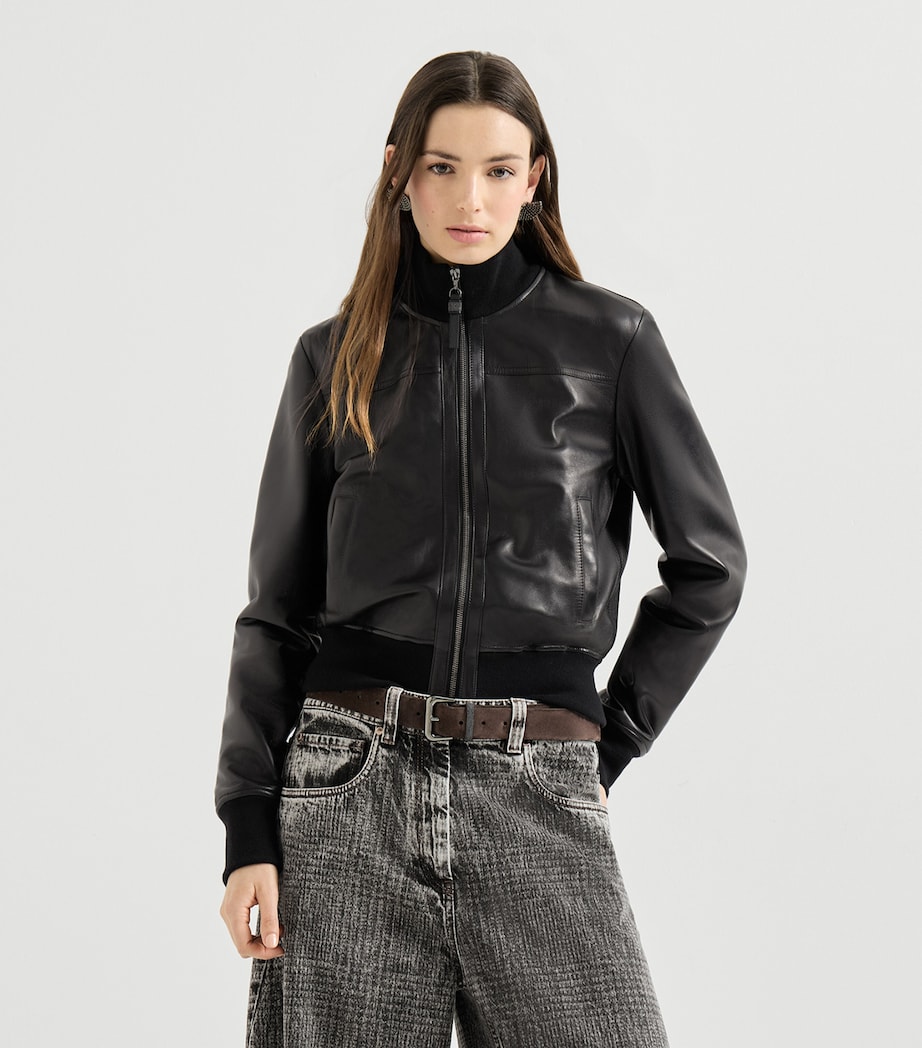 Brunello Cucinelli Womens Nappa Leather Bomber Jacket Black Image 4