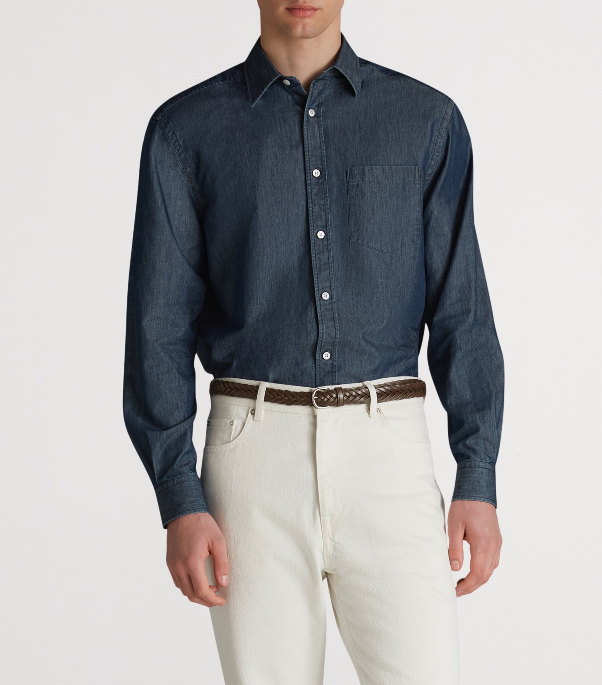 Cotton-Cashmere Chambray Shirt 401INDIGO Image 3