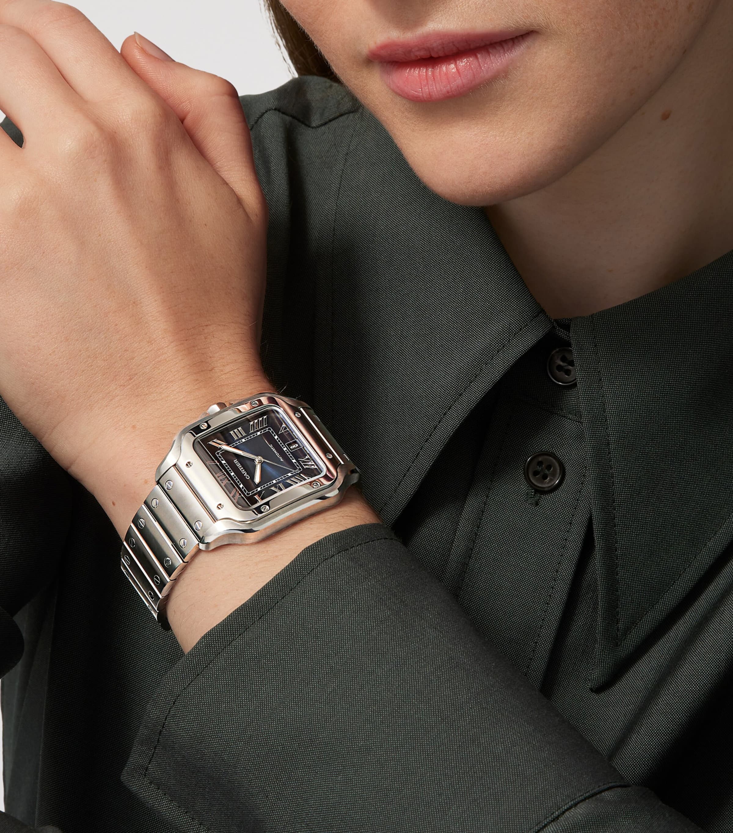 Large Steel Santos de Cartier Watch 39.8mm BLUE Image 12