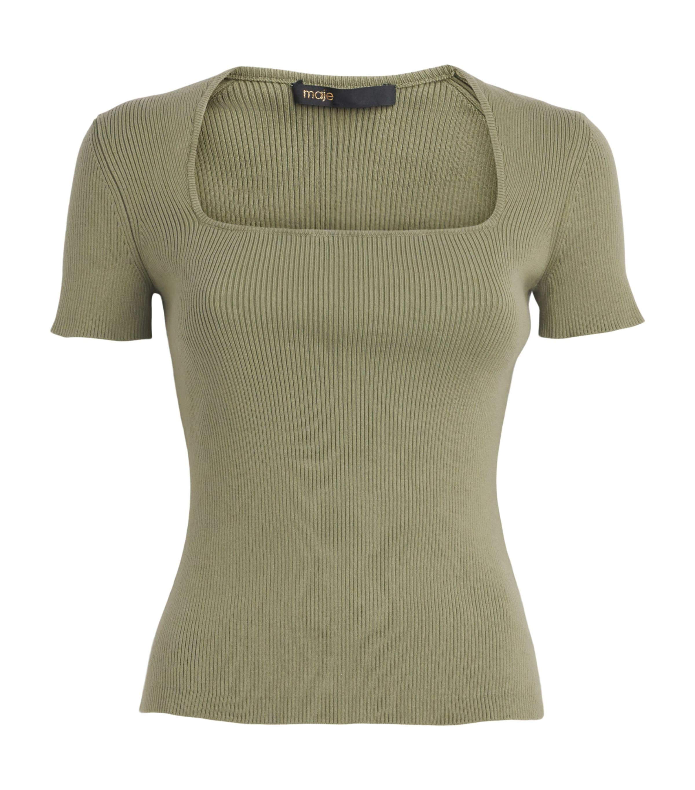 Maje Womens Cotton-Blend Rib-Knit Top Khaki Image 1