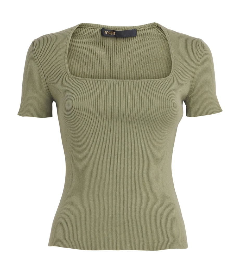 Maje Womens Cotton-Blend Rib-Knit Top Khaki Image 1