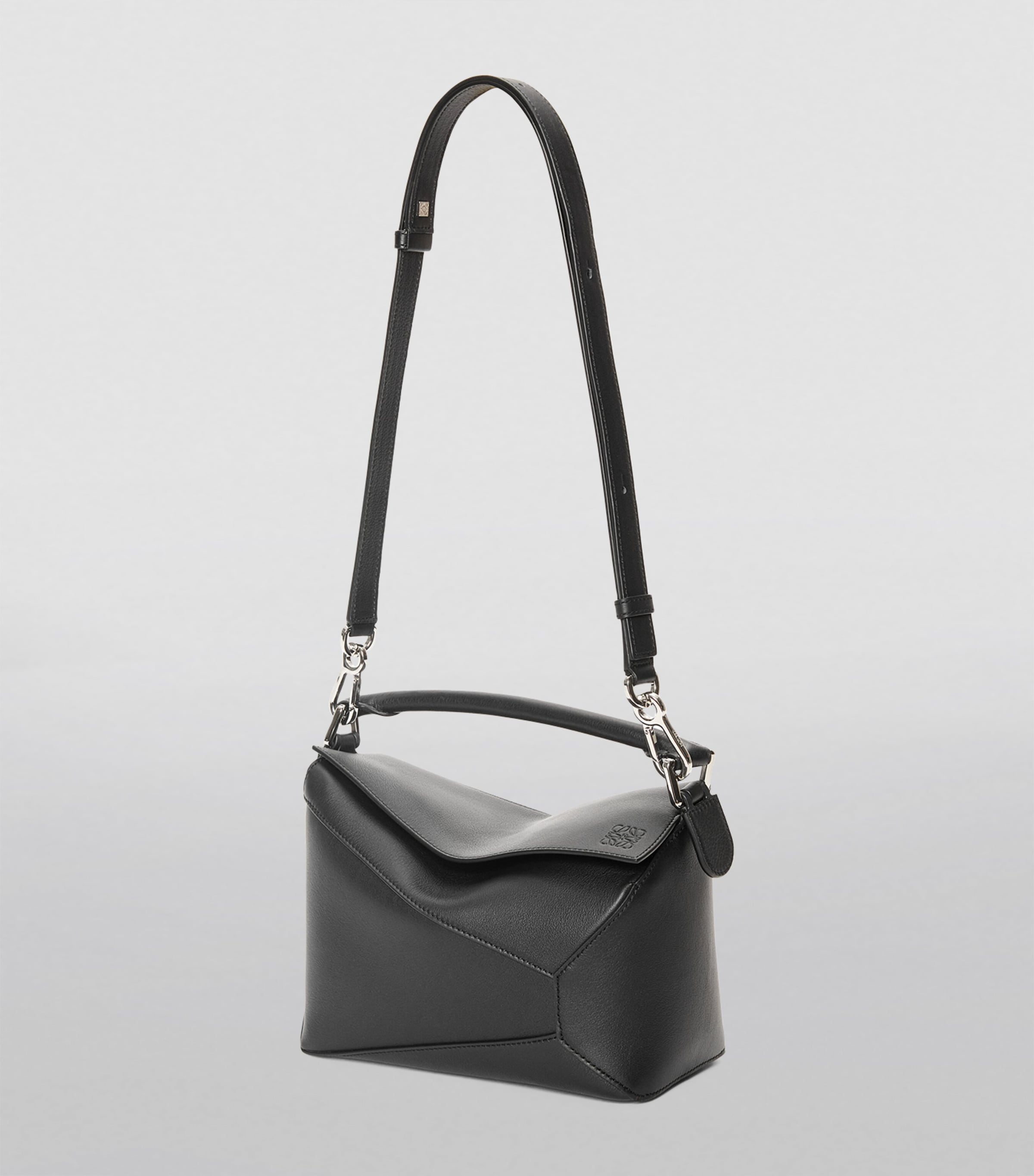 Small Leather Puzzle Edge Top-Handle Bag BLACK Image 6