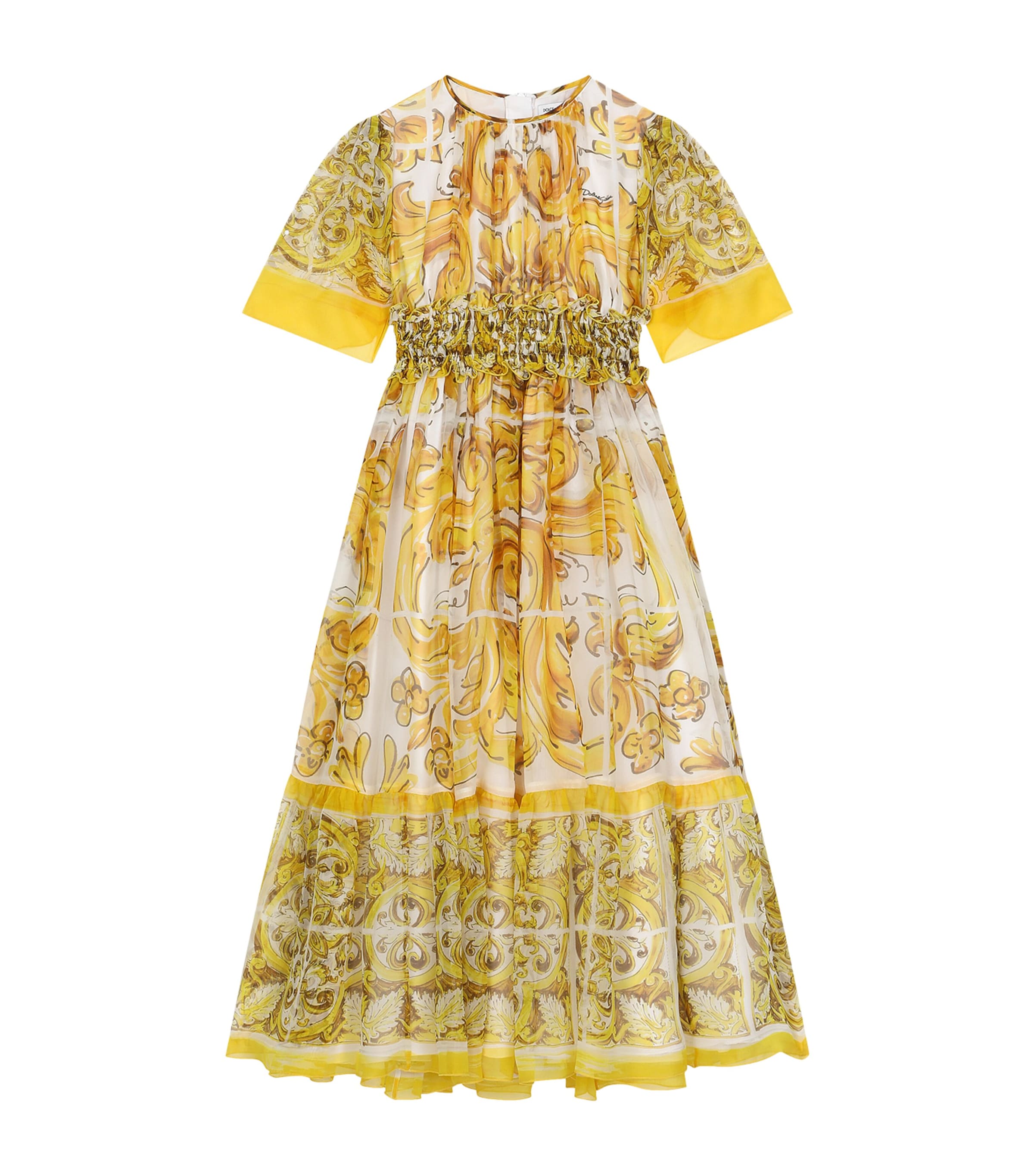 Dolce & Gabbana Kids' Majolica-print Silk Dress In Yellow