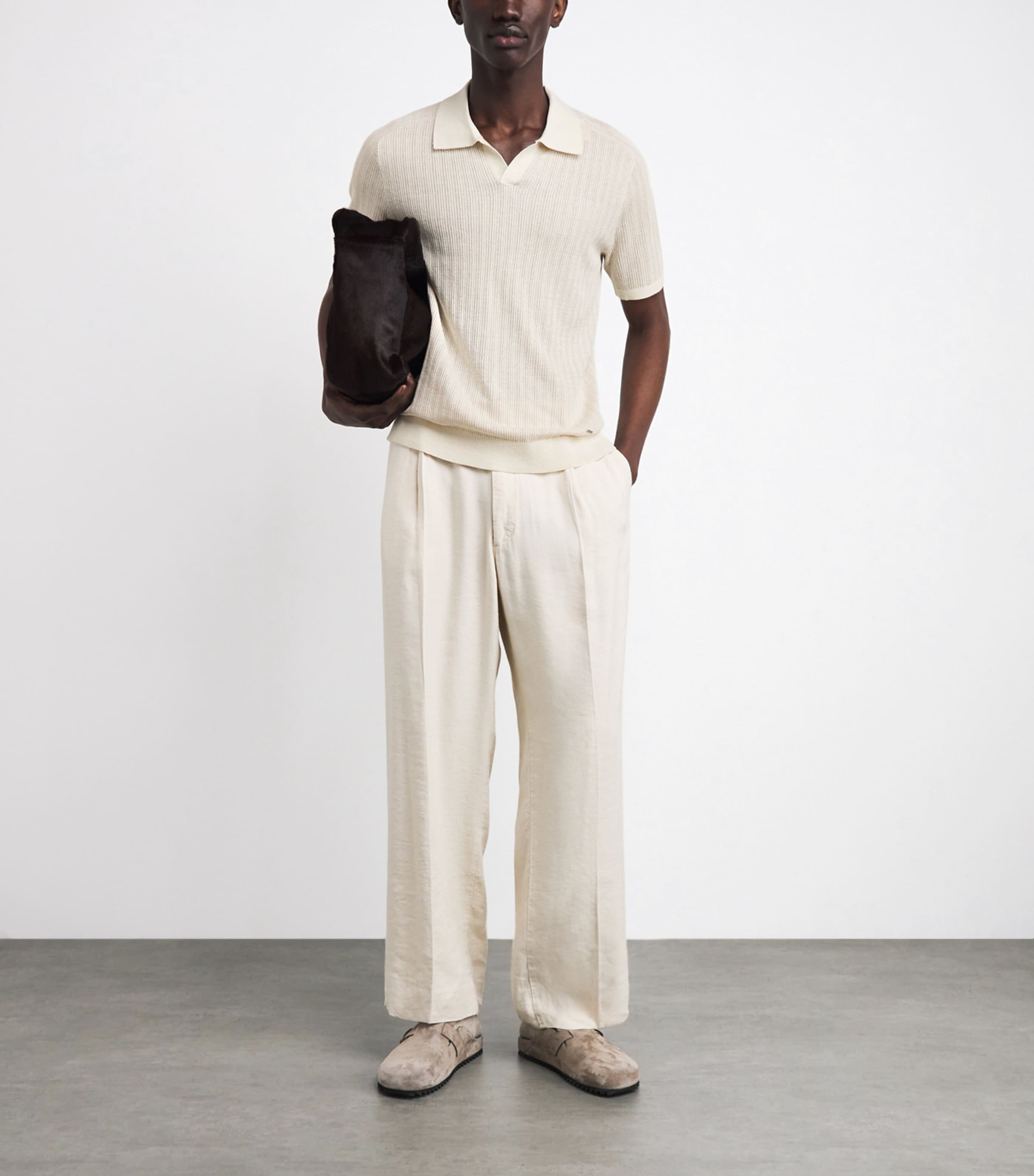 Simkhai Mens Rib-Knit Open-Collar Polo Shirt Off White Multi Image 2