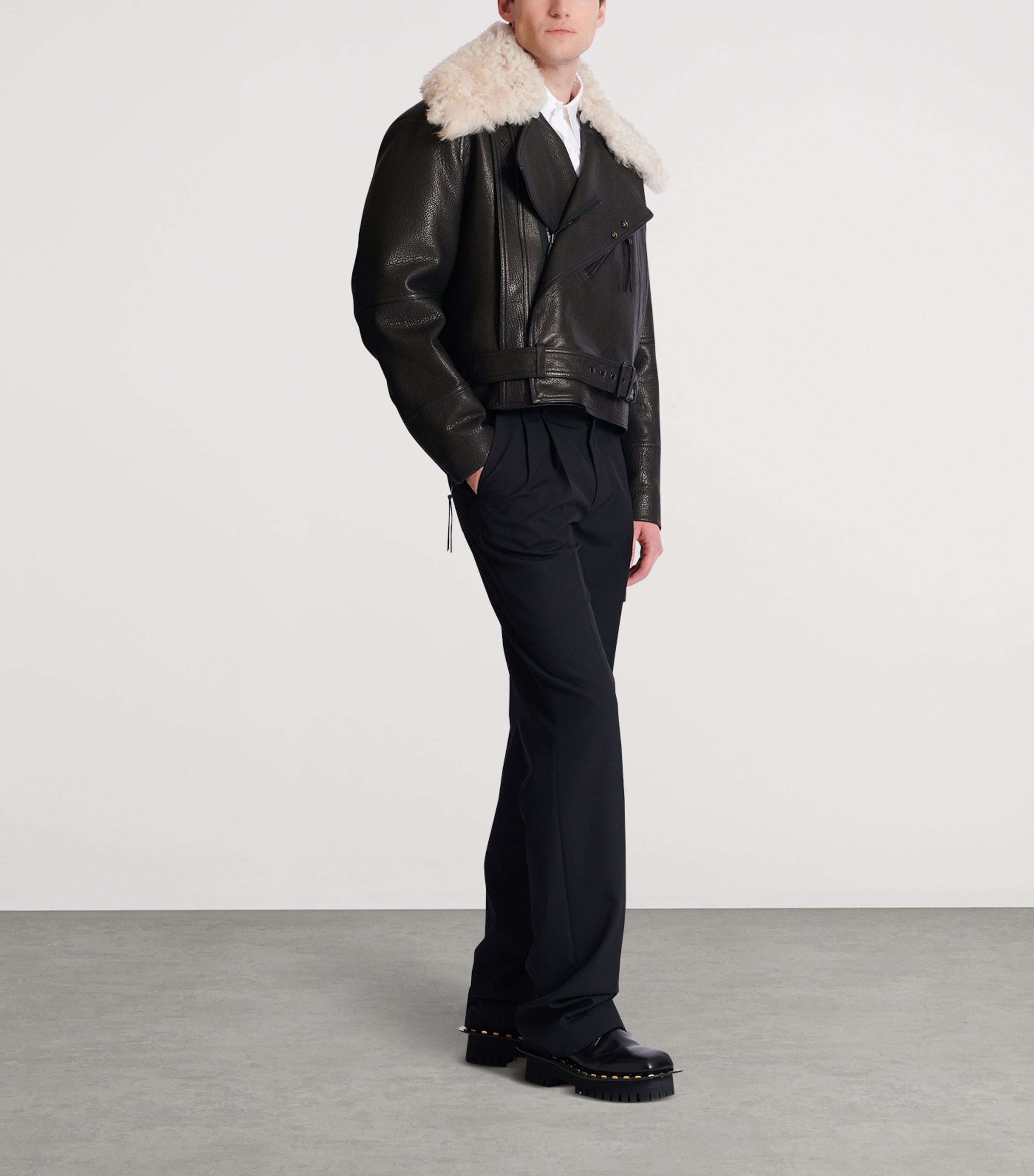 Fur-Trim Collar Leather Jacket ECJ NOIR/NATUREL Image 2