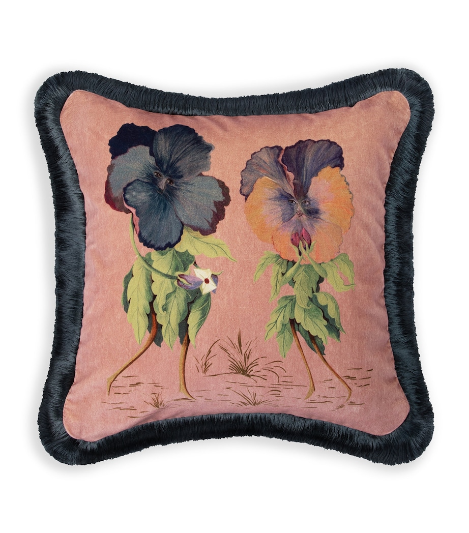 Medium Velvet Amatoria Pansies Fringed Cushion (45cm x 45cm) TOURMALINE Image 1