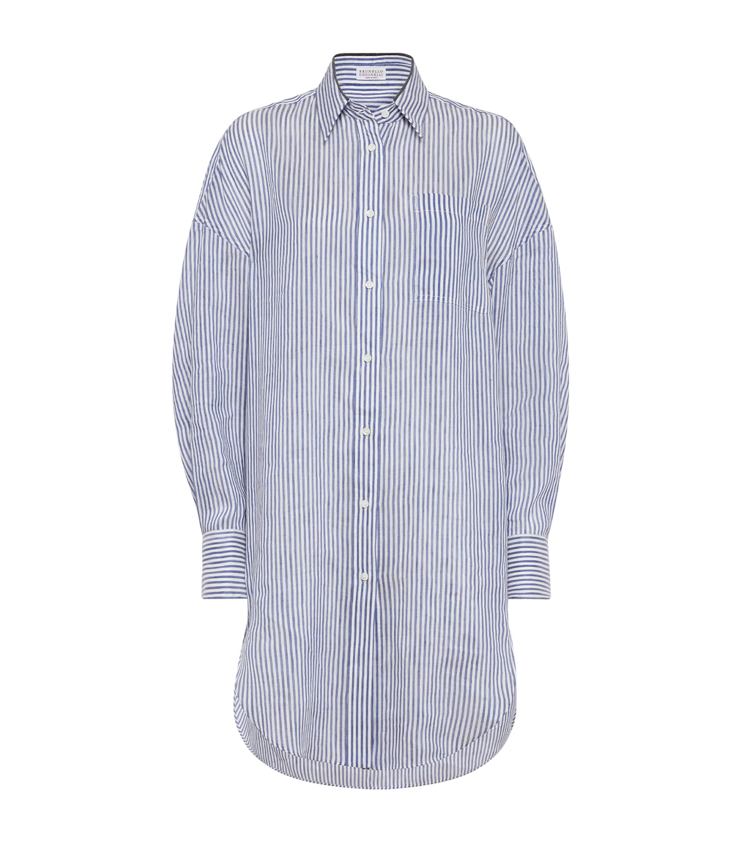 Brunello Cucinelli Linen And Silk Striped Organza Long Shirt With Shiny Collar Detail In White