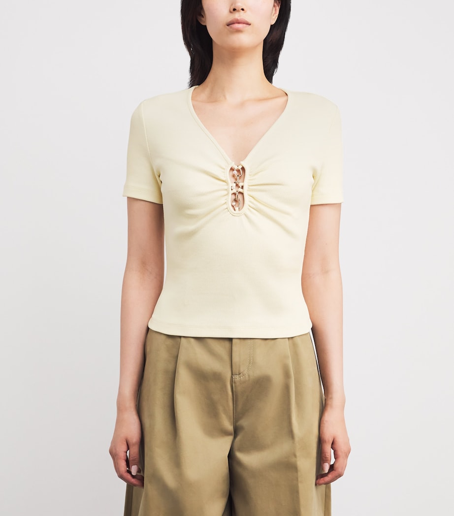 Sandro Paris Womens Stretch-Cotton Ruched-Detail T-Shirt Ecru Image 3