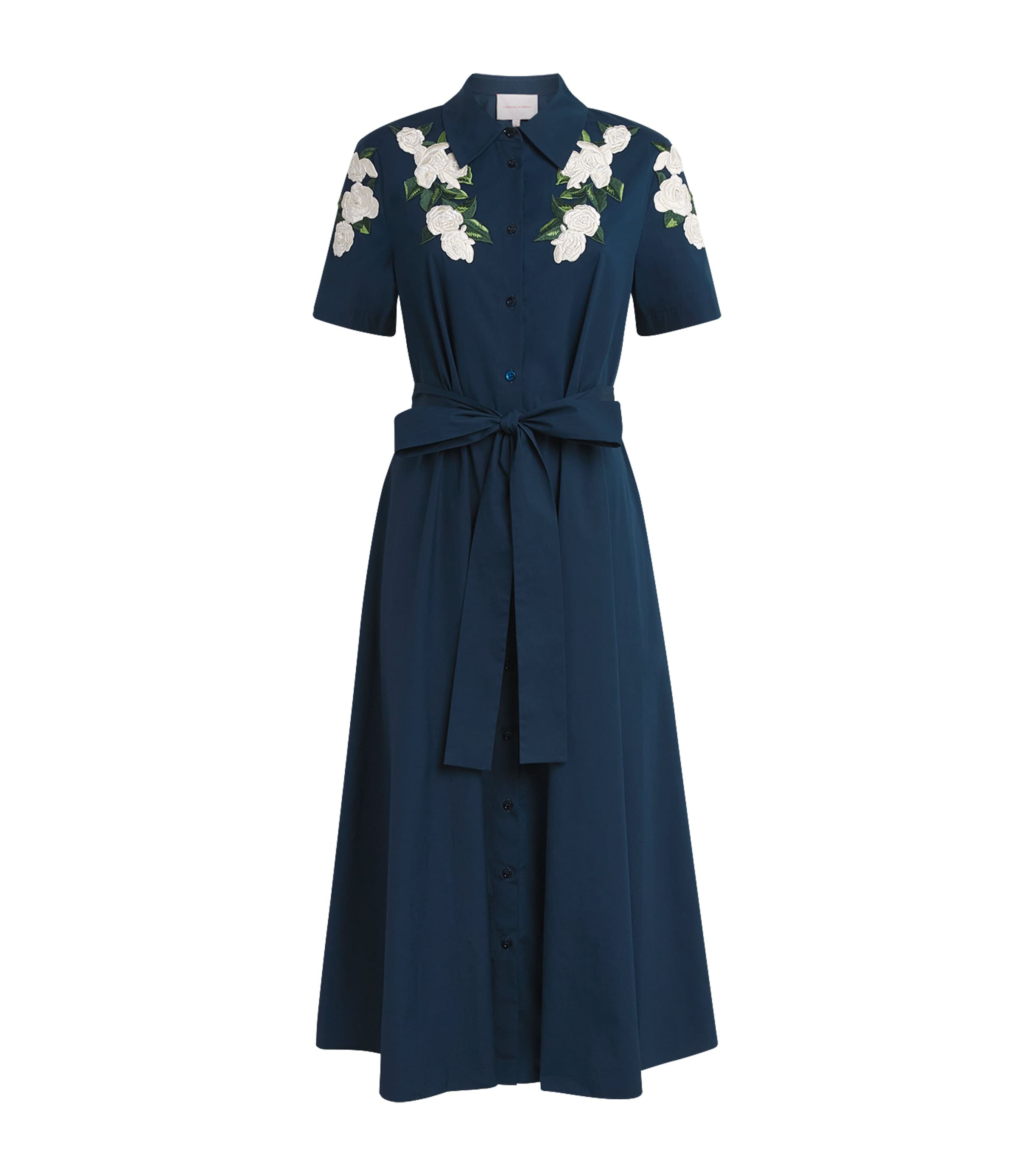 Carolina Herrera Floral-embroidered Midi Shirt Dress In Blue