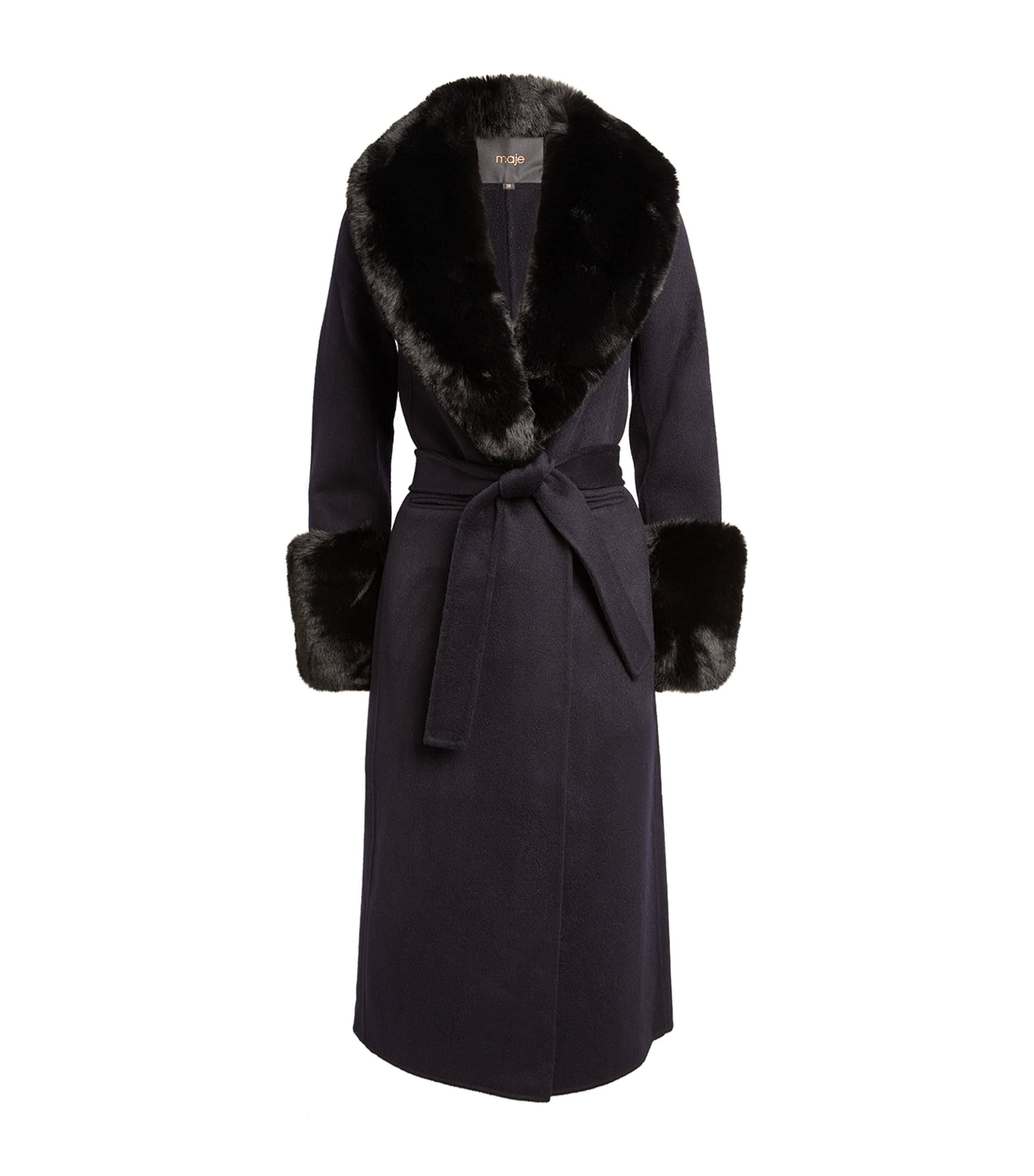 Shop Maje Faux Fur-trim Coat In Blue