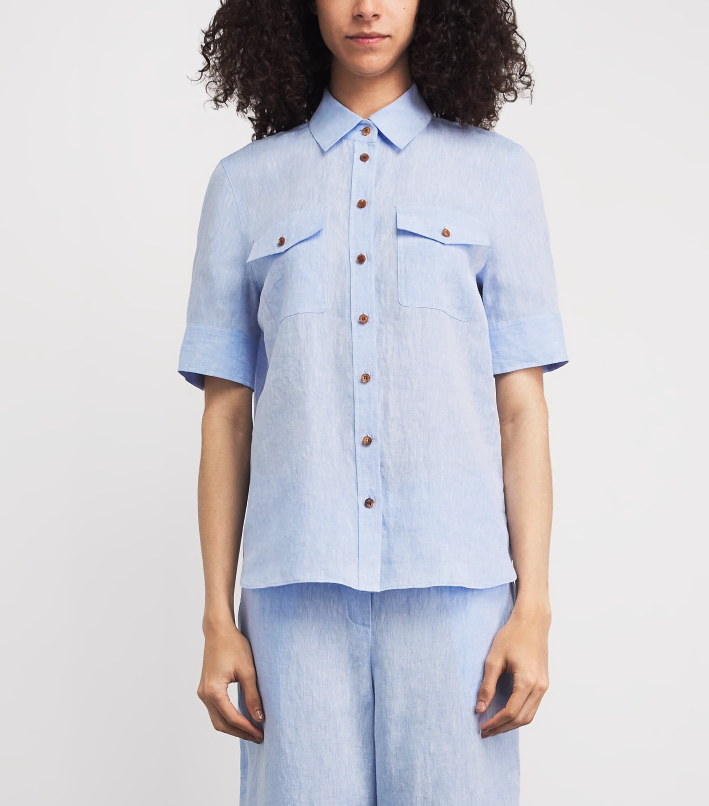 Lafayette 148 Womens Linen Twin-Pocket Shirt Delme Delph Blu Mlng Image 4