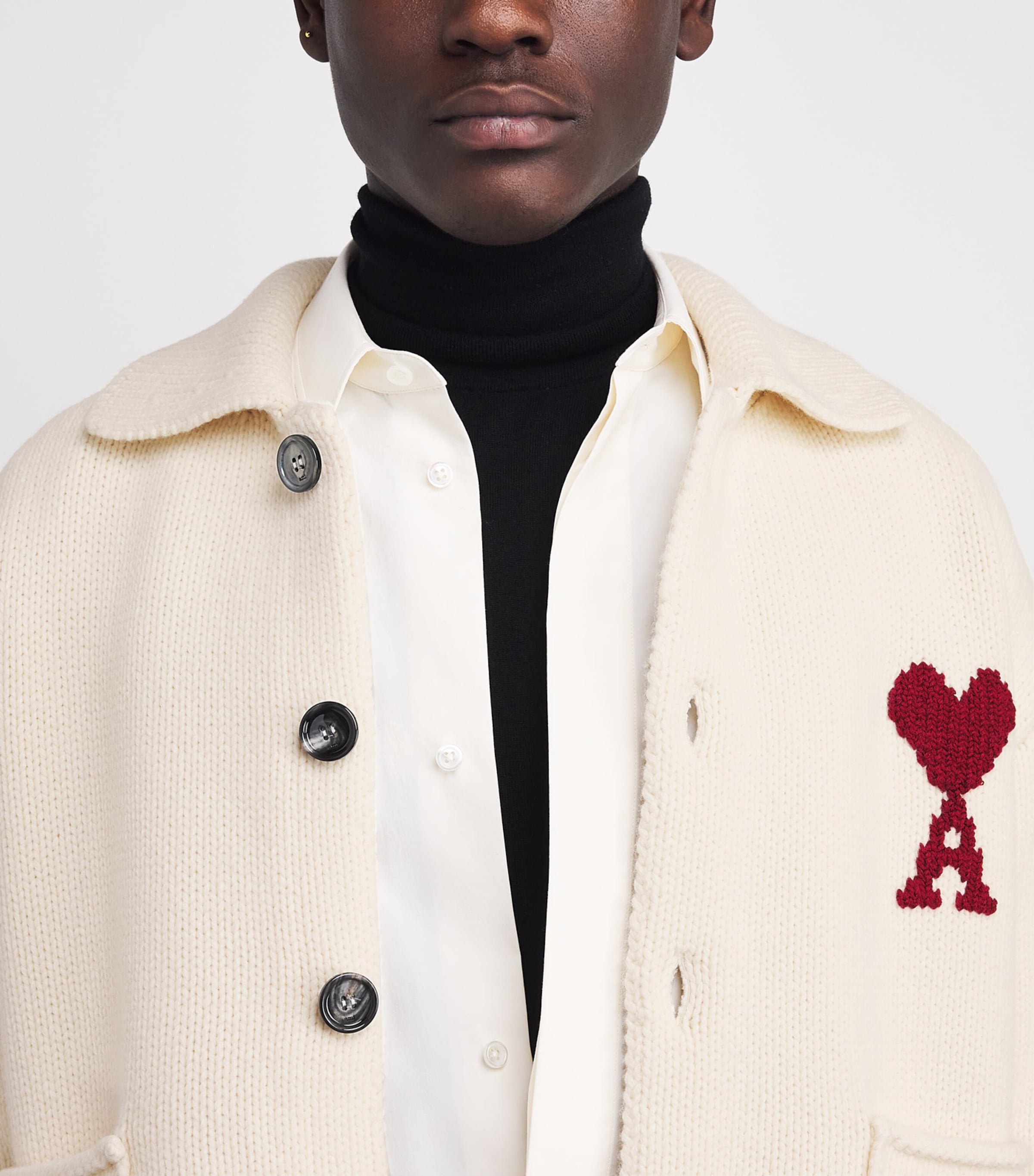 AMI Paris Mens Wool-Blend Whipstitch Polo Cardigan Moonlight Image 6