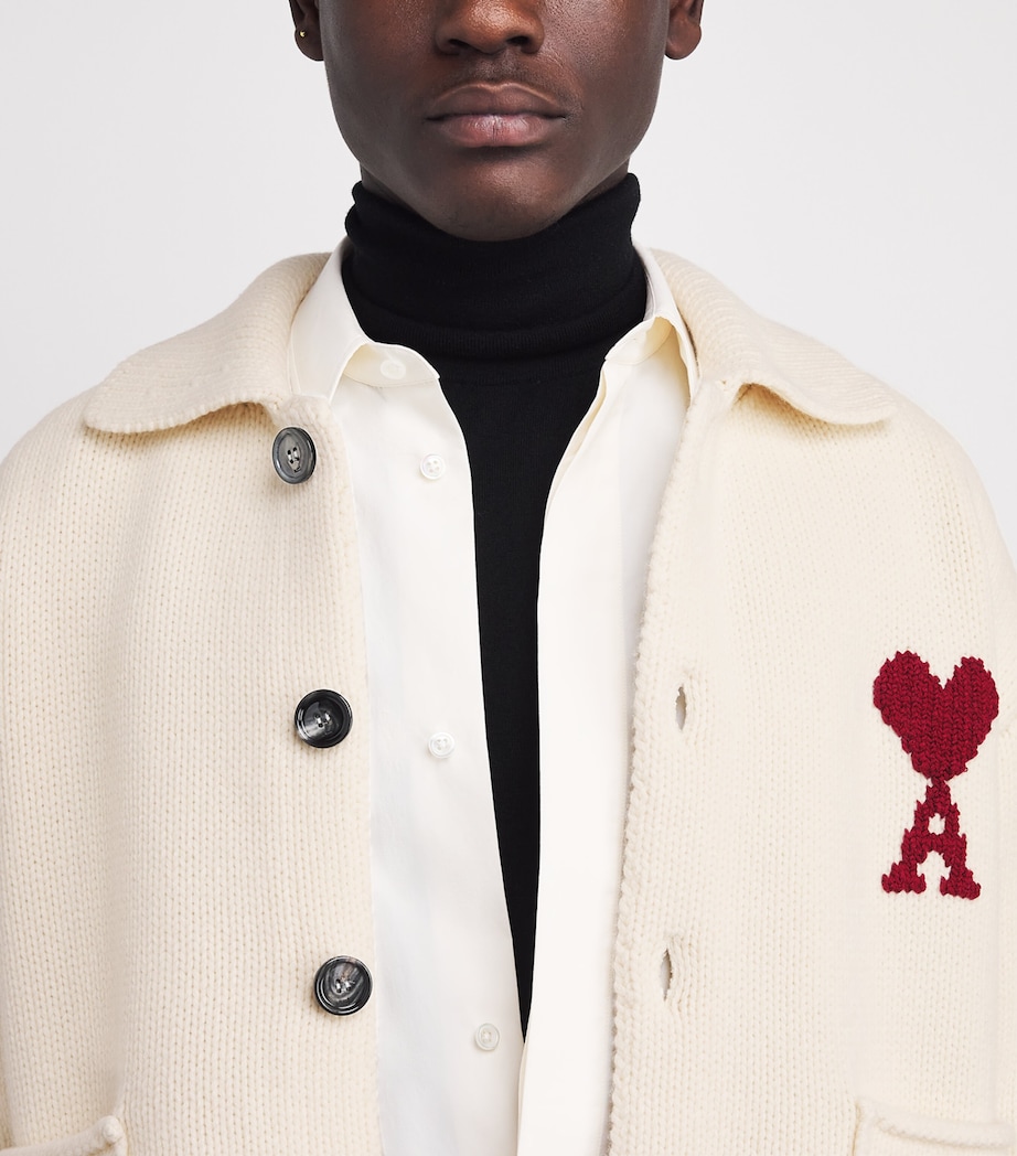 AMI Paris Mens Wool-Blend Whipstitch Polo Cardigan Moonlight Image 6