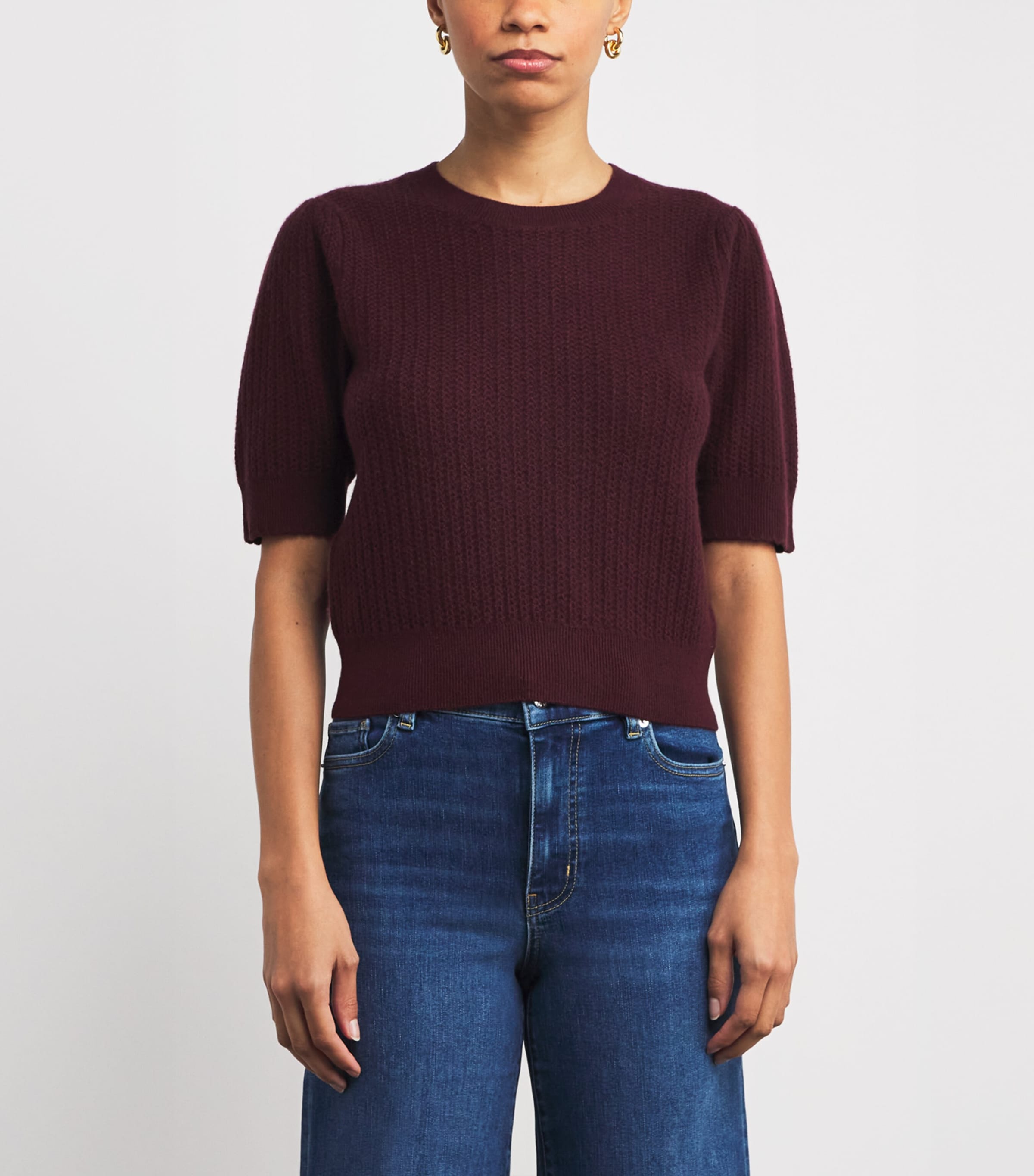 Cashmere Pointelle The Chain Short-Sleeve Sweater CABERNET Image 3