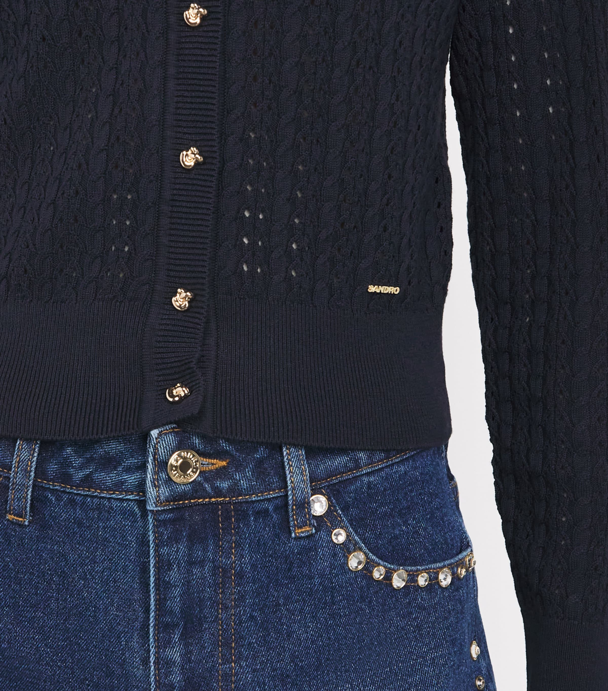 Sandro Paris Womens Cropped Openwork Cardigan Navy Blue Image 3
