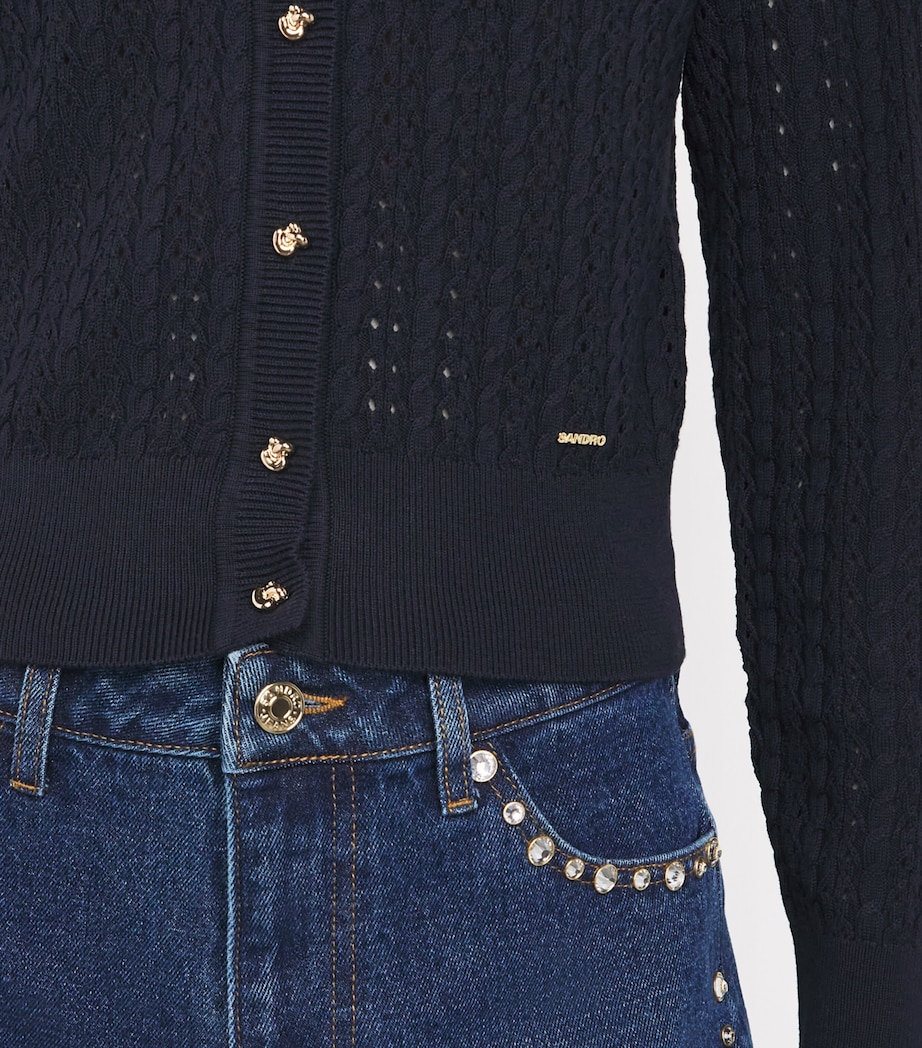 Sandro Paris Womens Cropped Openwork Cardigan Navy Blue Image 3
