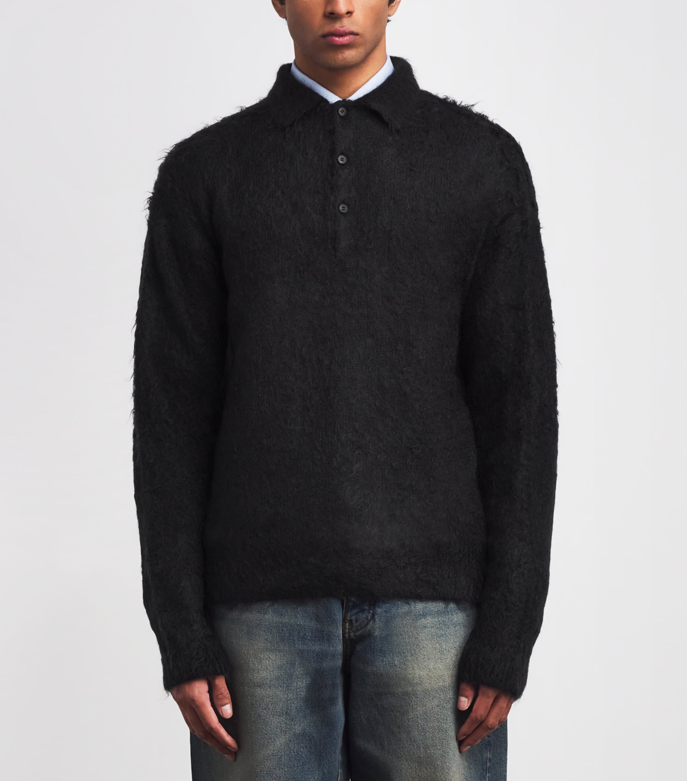 Auralee Black Super Kid Mohair-Wool Brushed Polo Sweater | Harrods UK