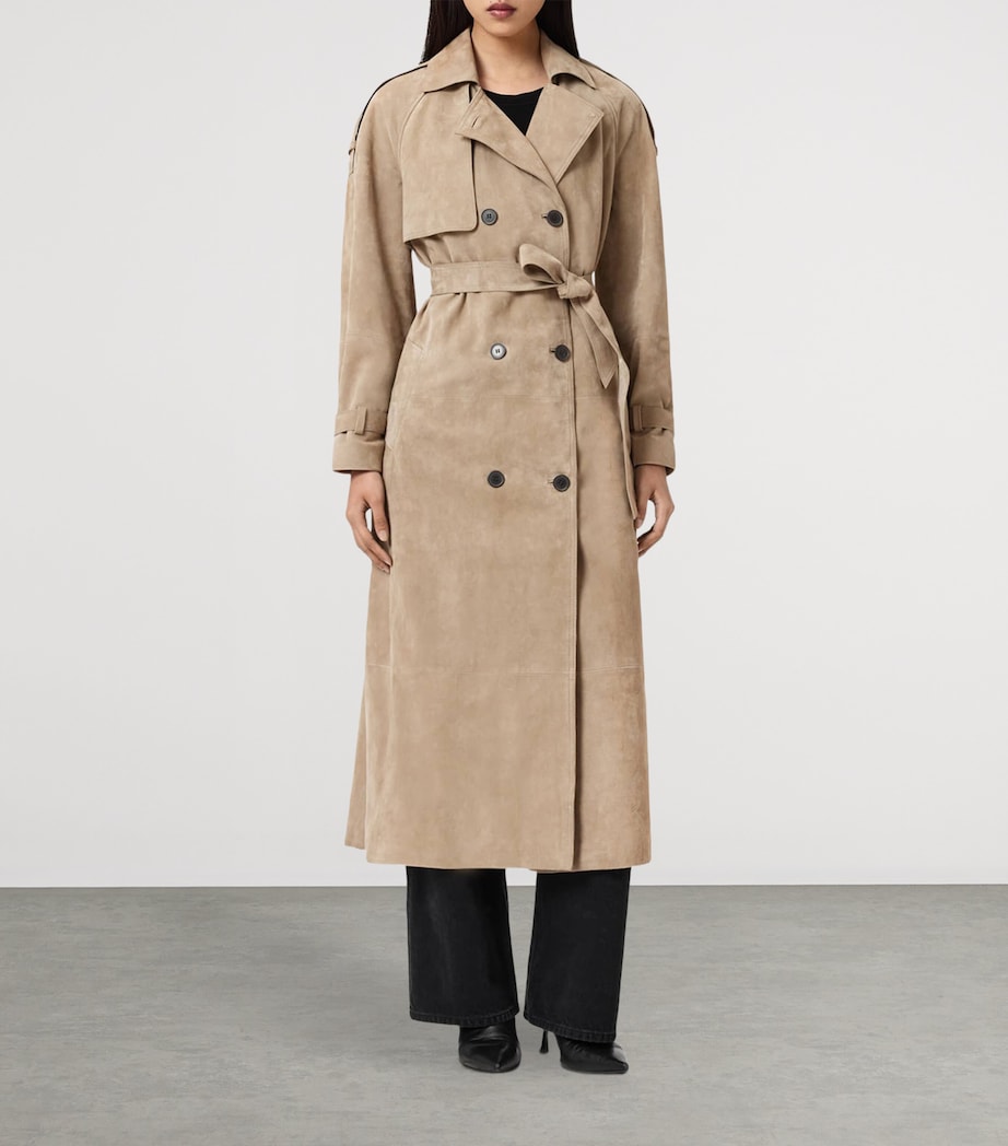 AllSaints Womens Suede Reed Trench Coat Taupe Brown Image 3
