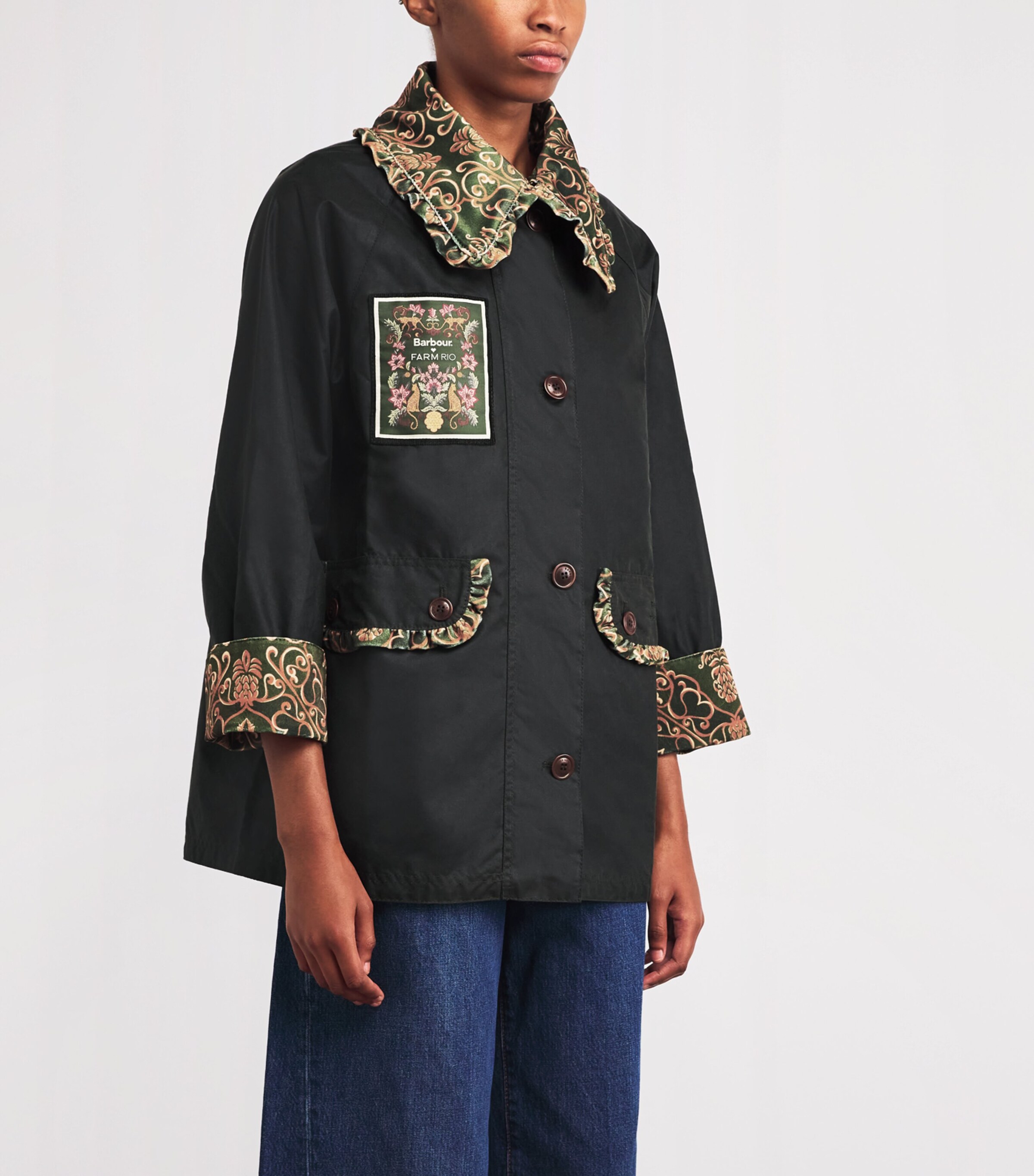 Barbour Womens x FARM Rio Waxed Cotton Maria-Clara Jacket Frn/green Heart Prnt Image 3