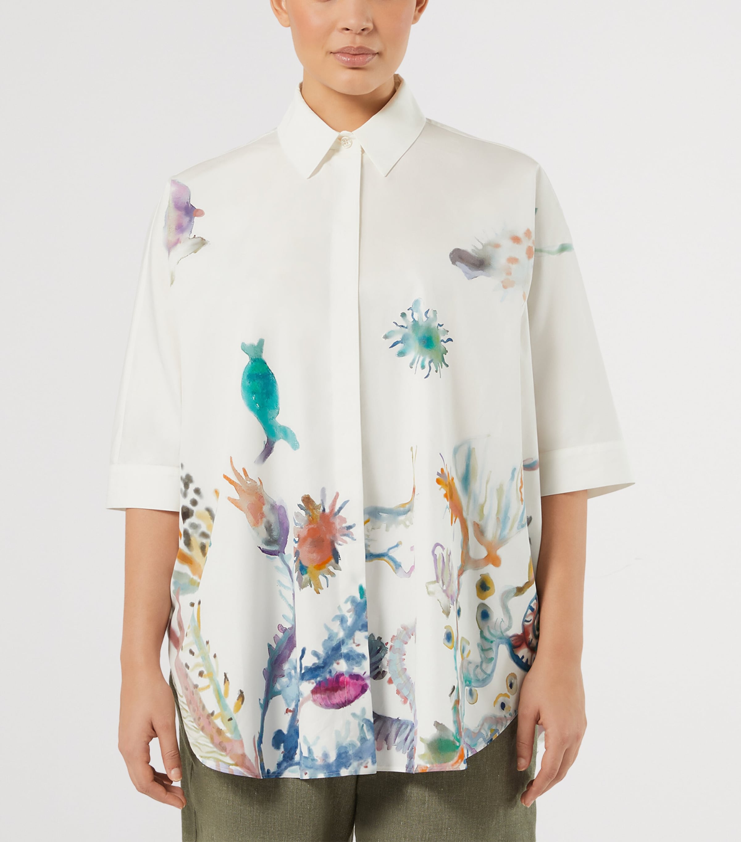 Marina Rinaldi Womens Cotton Printed Short-Sleeve Shirt Ice Image 3